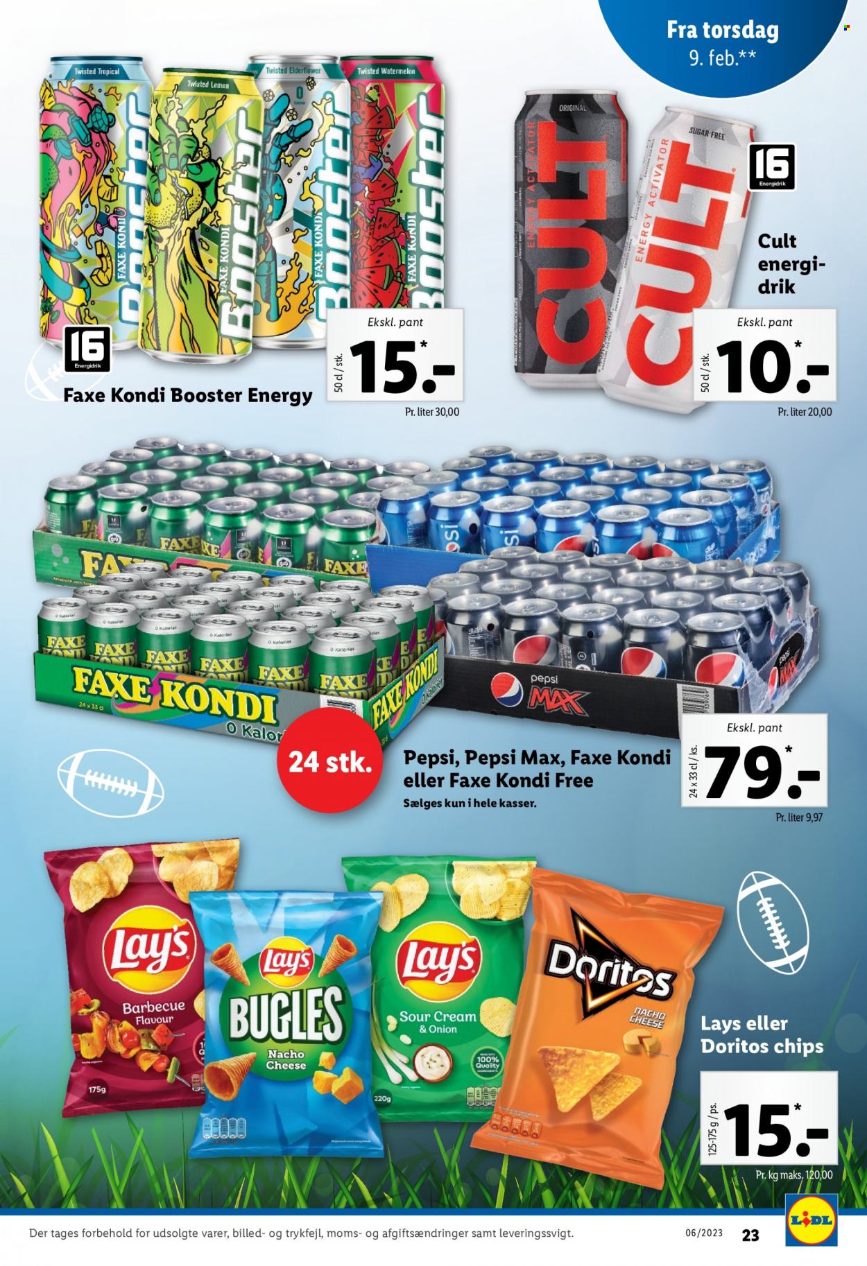 thumbnail - Lidl tilbud  - 5.2.2023 - 11.2.2023 - tilbudsprodukter - Doritos, chips, Lay’s, energidrik, Pepsi, Pepsi Max, Faxe Kondi. Side 25.