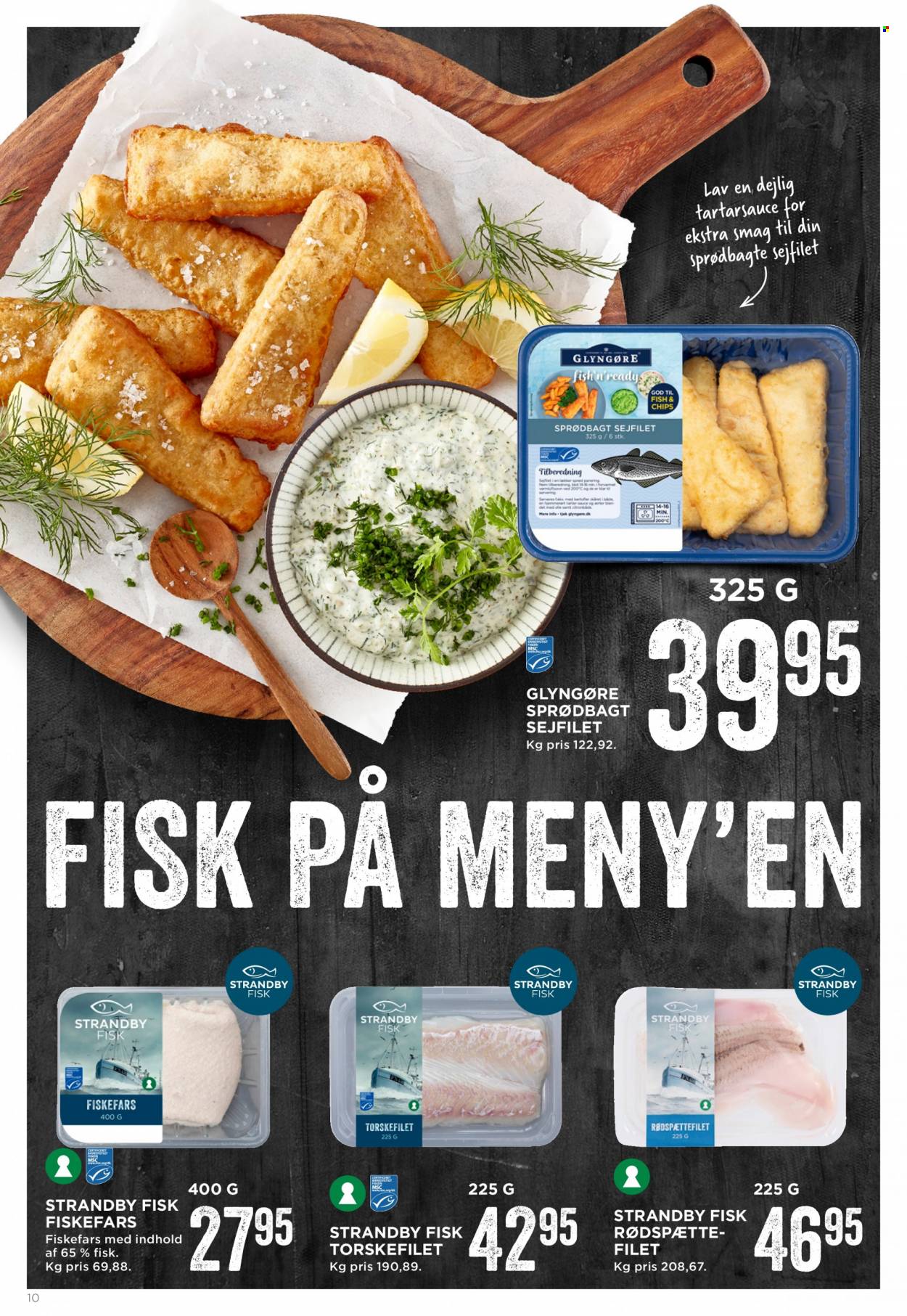 thumbnail - MENY tilbud  - 3.2.2023 - 9.2.2023 - tilbudsprodukter - fish, rødspætte, torskefilet, sejfilet, remoulade, chips, sauce. Side 10.