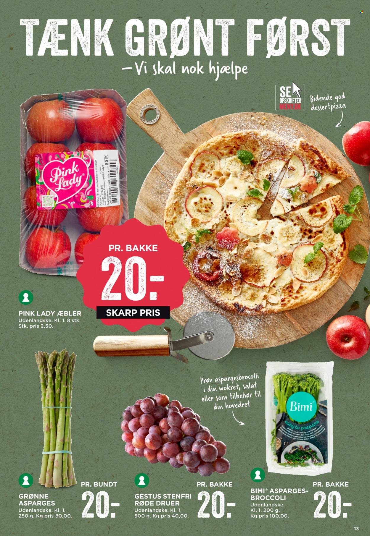 thumbnail - MENY tilbud  - 3.2.2023 - 9.2.2023 - tilbudsprodukter - æbler, vindruer, røde druer, asparges, broccoli, grønne asparges. Side 13.