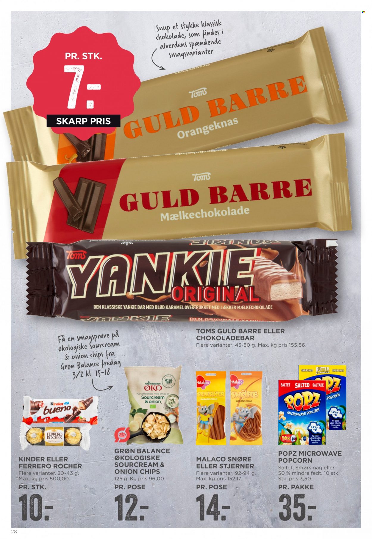 thumbnail - MENY tilbud  - 3.2.2023 - 9.2.2023 - tilbudsprodukter - Ferrero Rocher, guldbarre, chokolade, karamel, Toms, chokoladebar, Malaco, mælkechokolade, chips, popcorn. Side 28.