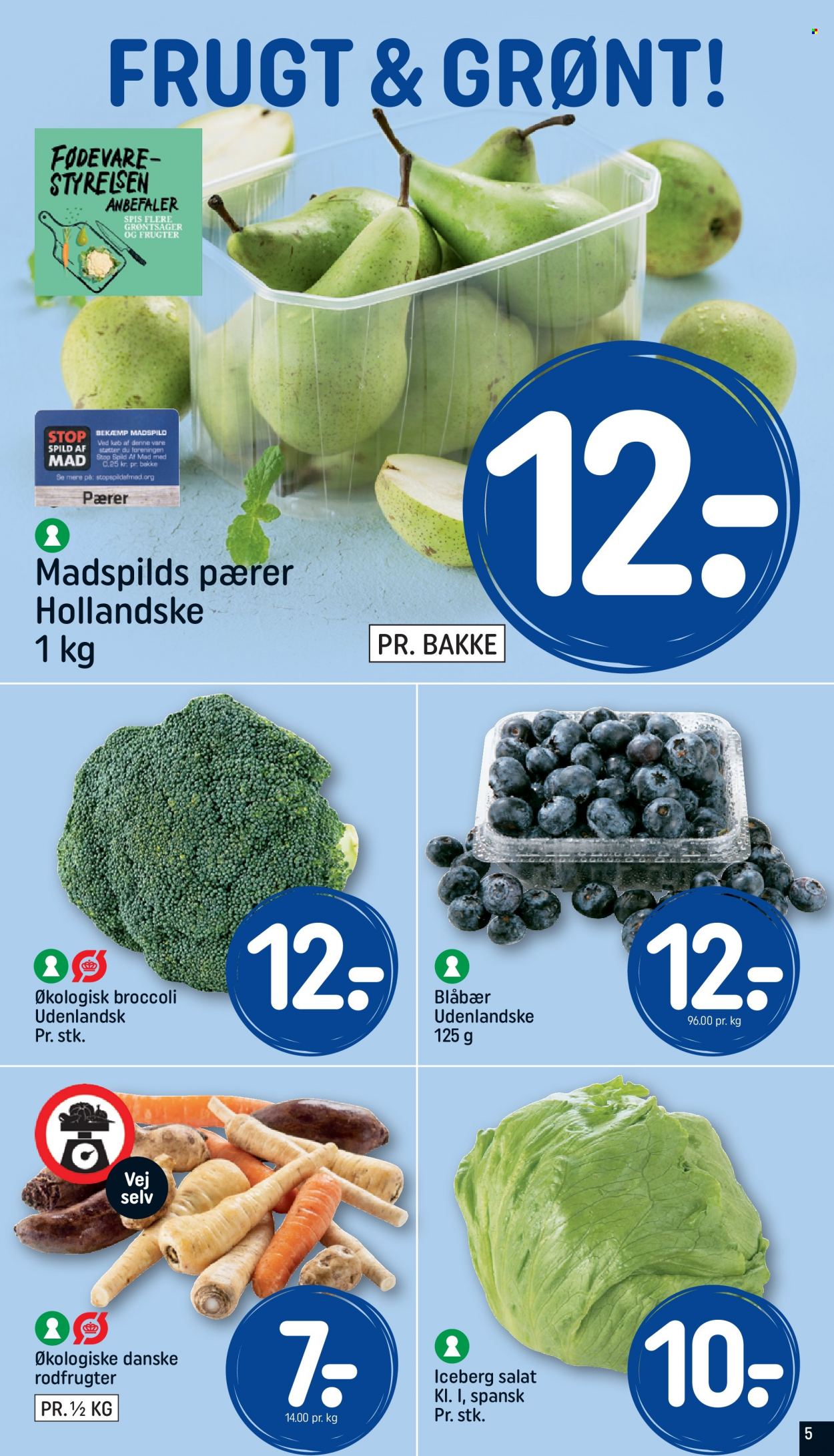 thumbnail - Rema 1000 tilbud  - 5.2.2023 - 11.2.2023 - tilbudsprodukter - blåbær, pærer, broccoli, iceberg salat, iceberg, salat, grøntsage. Side 5.