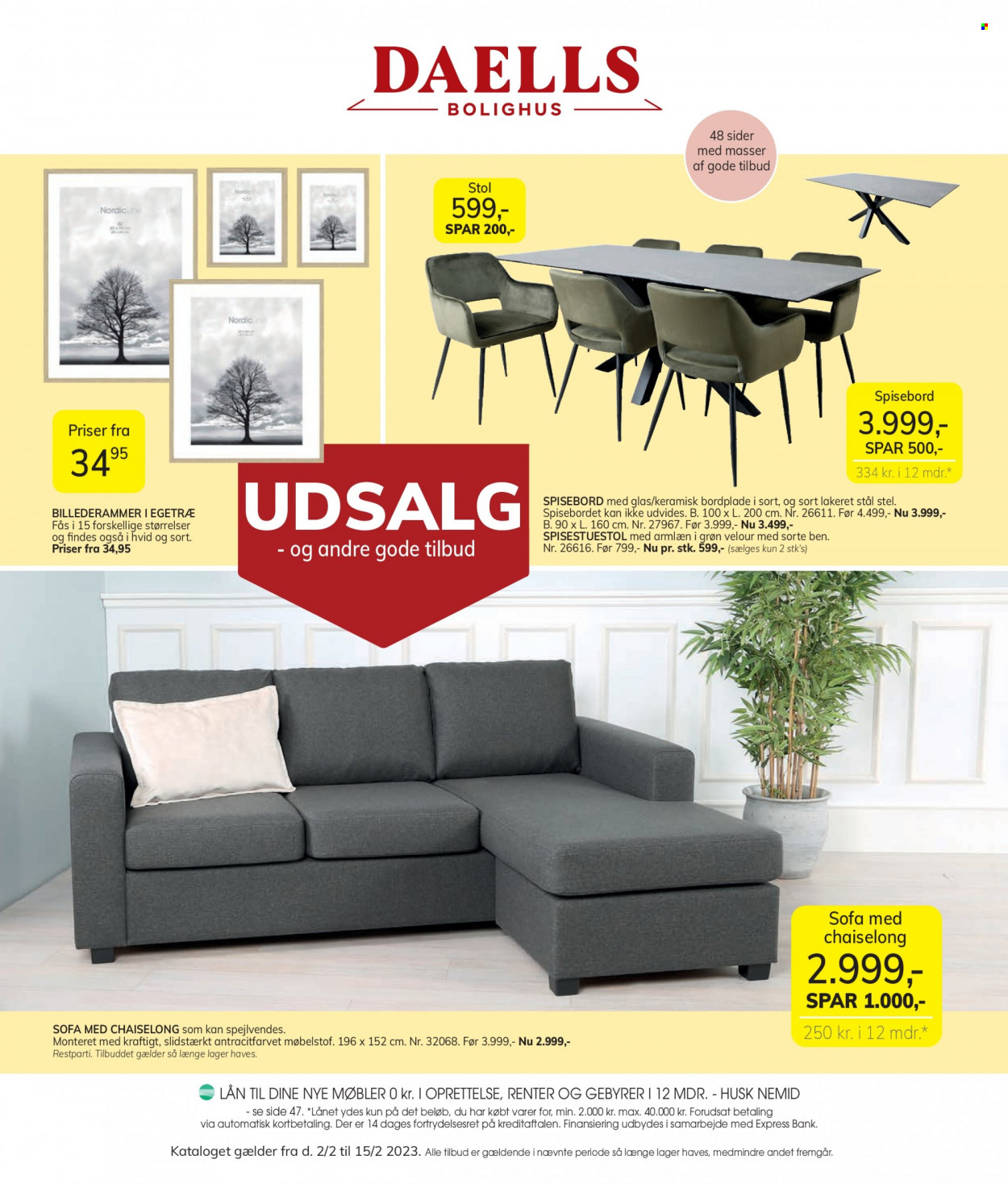 thumbnail - Daells Bolighus tilbud  - 2.2.2023 - 15.2.2023 - tilbudsprodukter - spisebord, stol, sofa, bordplade. Side 1.