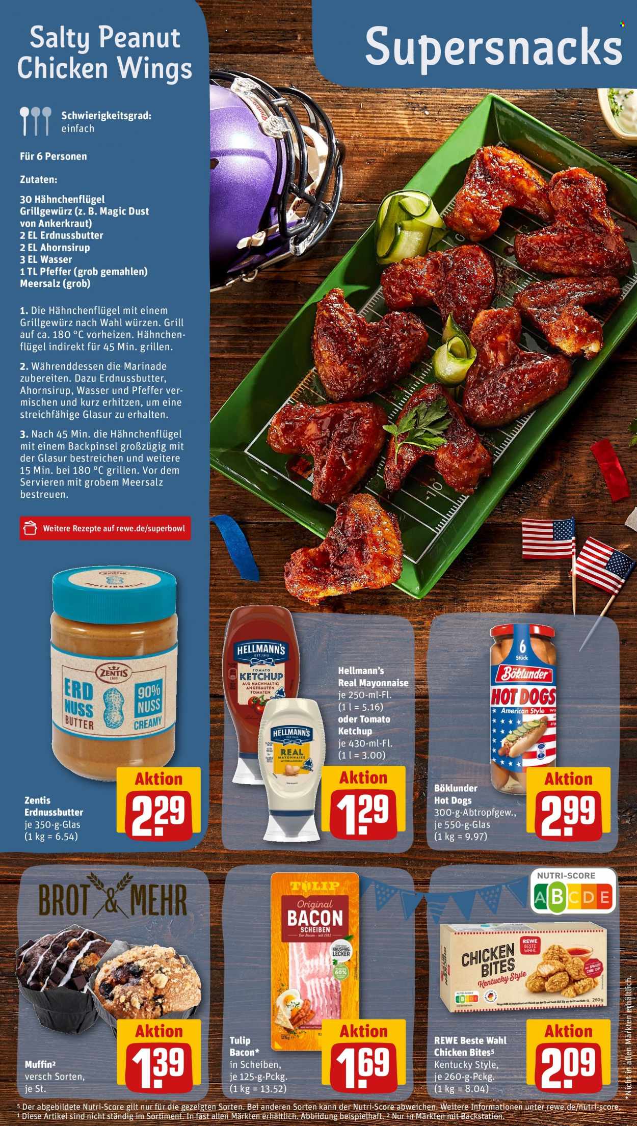 thumbnail - REWE tilbud  - 6.2.2023 - 11.2.2023 - tilbudsprodukter - kyllinge wings, hot dog, bacon, mayonnaise, ketchup. Side 14.