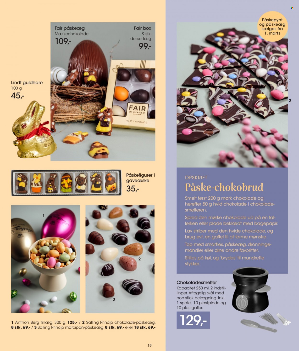 thumbnail - Bilka tilbud  - tilbudsprodukter - Anthon Berg, chokolade, marcipan, Smarties, mælkechokolade, Lindt, gaffel, påskeæg, påskepynt. Side 19.
