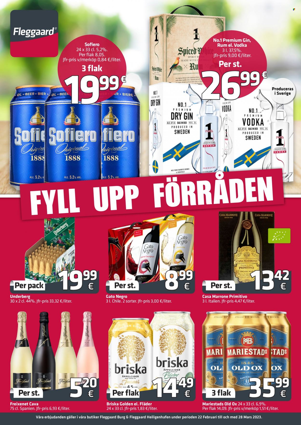Fleggaard tilbud  - 22.2.2023 - 28.3.2023 - tilbudsprodukter - Mars, Chardonnay, vin, cider, gin, vodka, øl. Side 1.