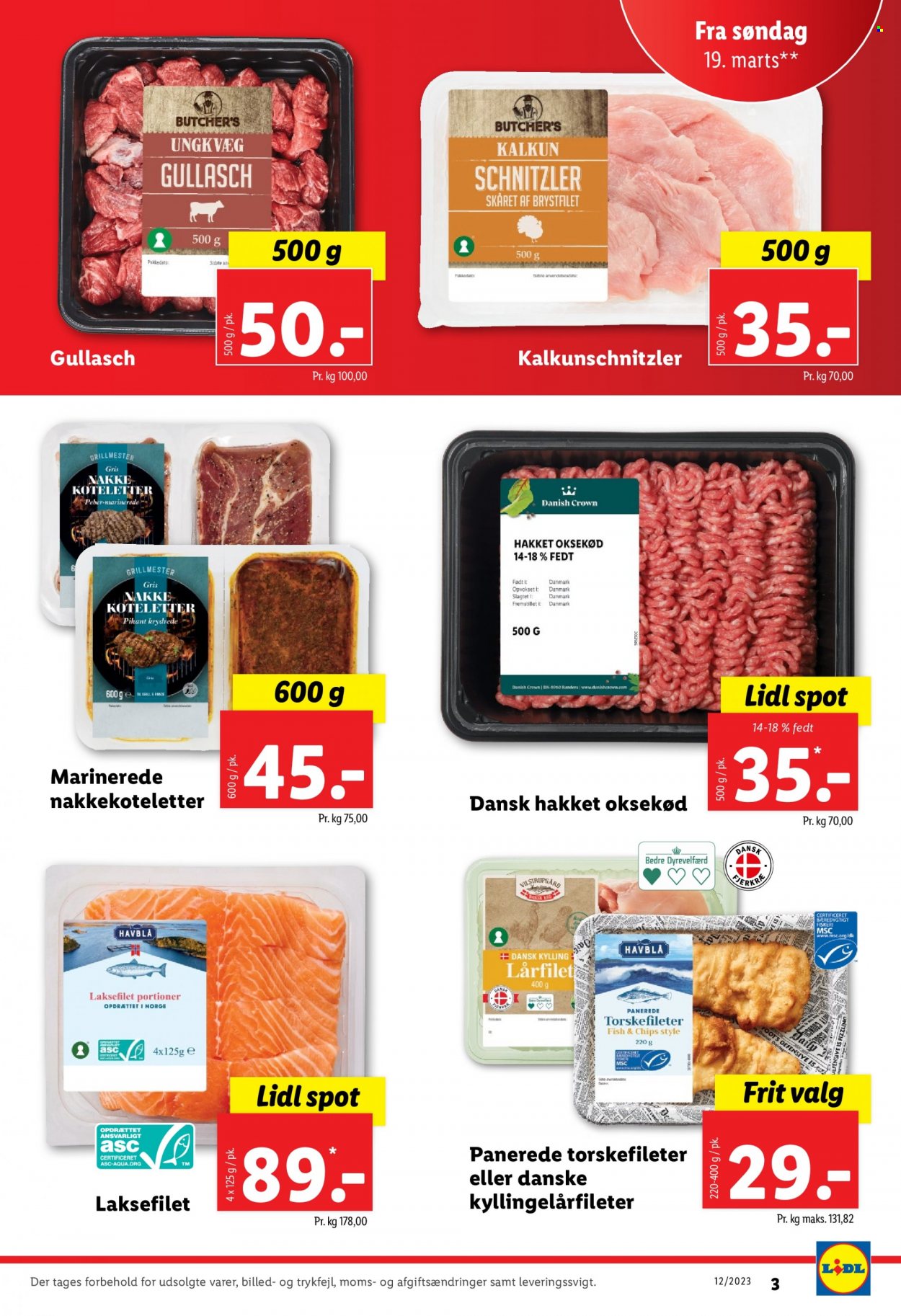 Lidl tilbud  - 19.3.2023 - 25.3.2023 - tilbudsprodukter - koteletter, nakkekoteletter, schnitzel, kalkun, lårfilet, fish, laksefilet, laks, chips, kylling, kyllingefilet, torskefilet. Side 3.