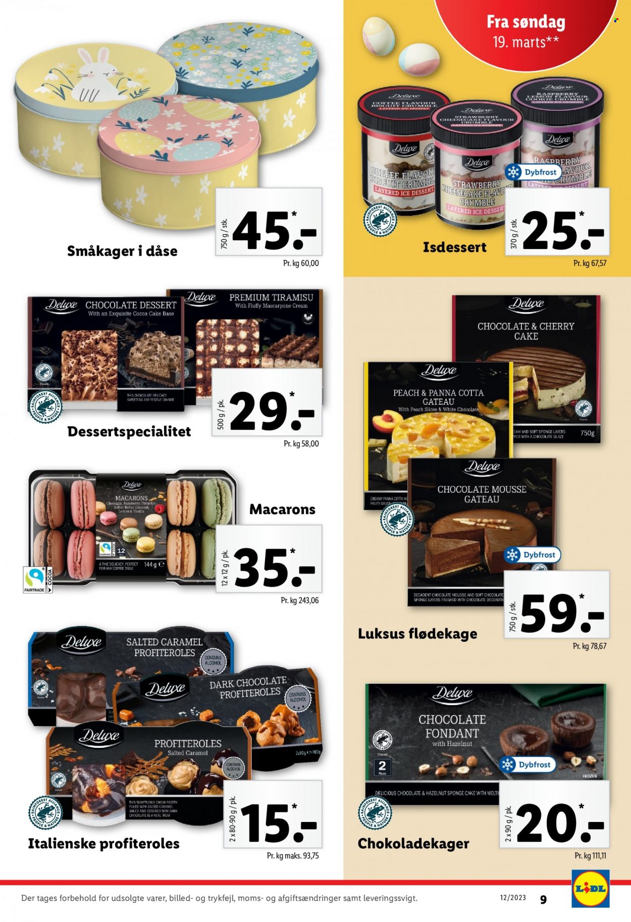 thumbnail - Lidl tilbud  - 19.3.2023 - 25.3.2023 - tilbudsprodukter - cheesecake, macarons, mascarpone, tiramisu, profiteroles, småkager, vanilje, sauce, Lange. Side 9.