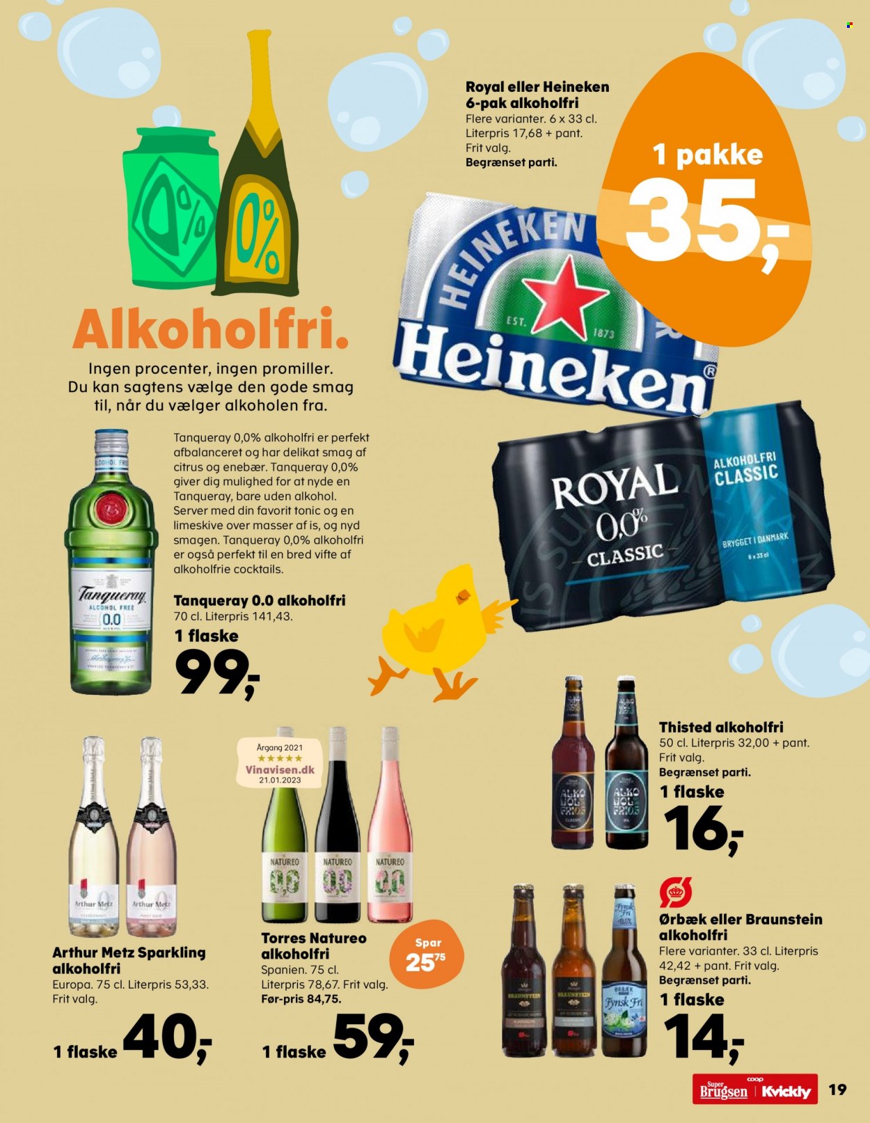 thumbnail - SuperBrugsen tilbud  - 24.3.2023 - 30.3.2023 - tilbudsprodukter - tonic, alkoholfri øl, Heineken, øl, Royal Pilsner. Side 27.