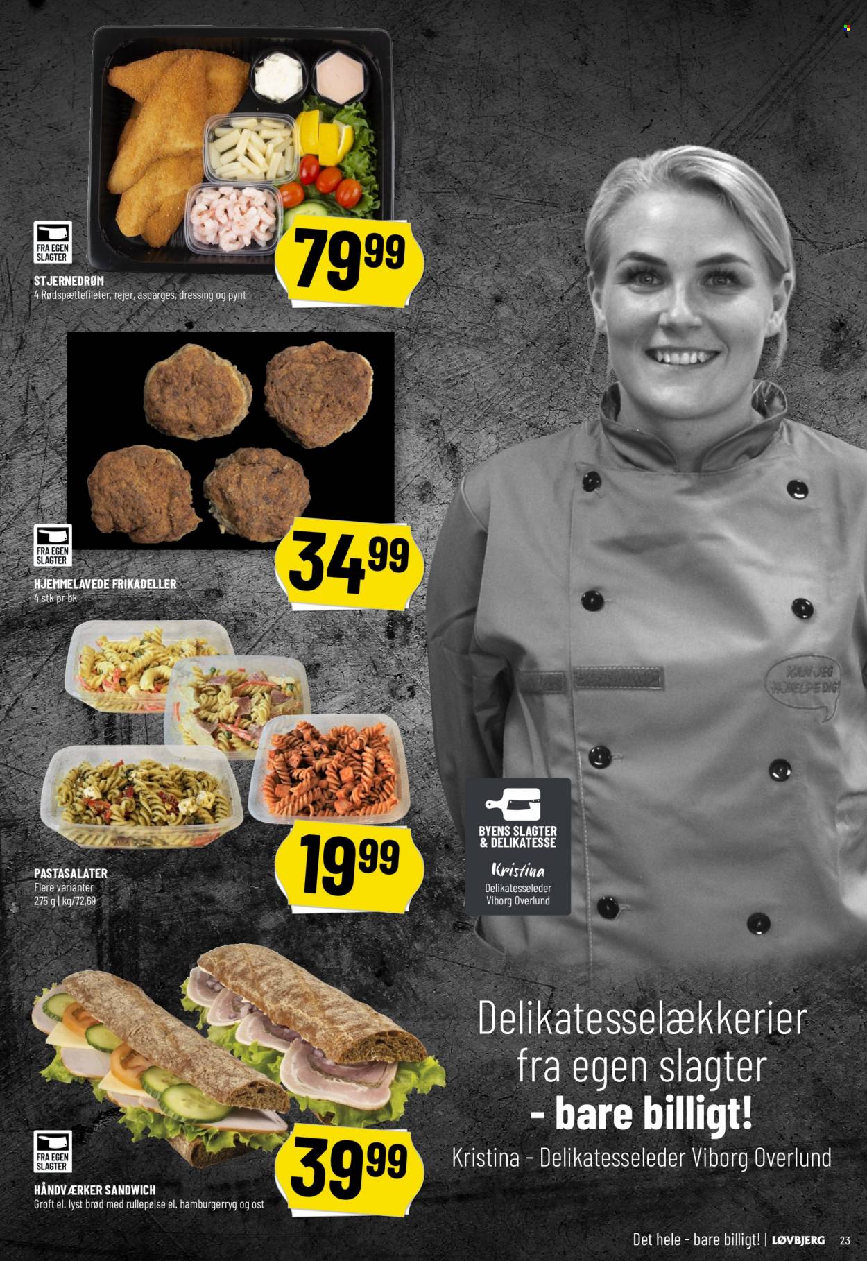 thumbnail - Løvbjerg tilbud  - 24.3.2023 - 30.3.2023 - tilbudsprodukter - asparges, hamburgerryg, sandwich, brød, rejer, rødspætte, frikadeller. Side 23.