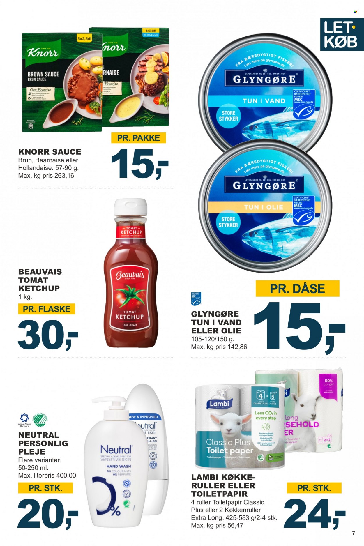 thumbnail - Let-Køb tilbud  - 27.3.2023 - 9.4.2023 - tilbudsprodukter - tun, Knorr, ketchup, sauce, olie, køkkenrulle, Lambi, toiletpapir. Side 7.