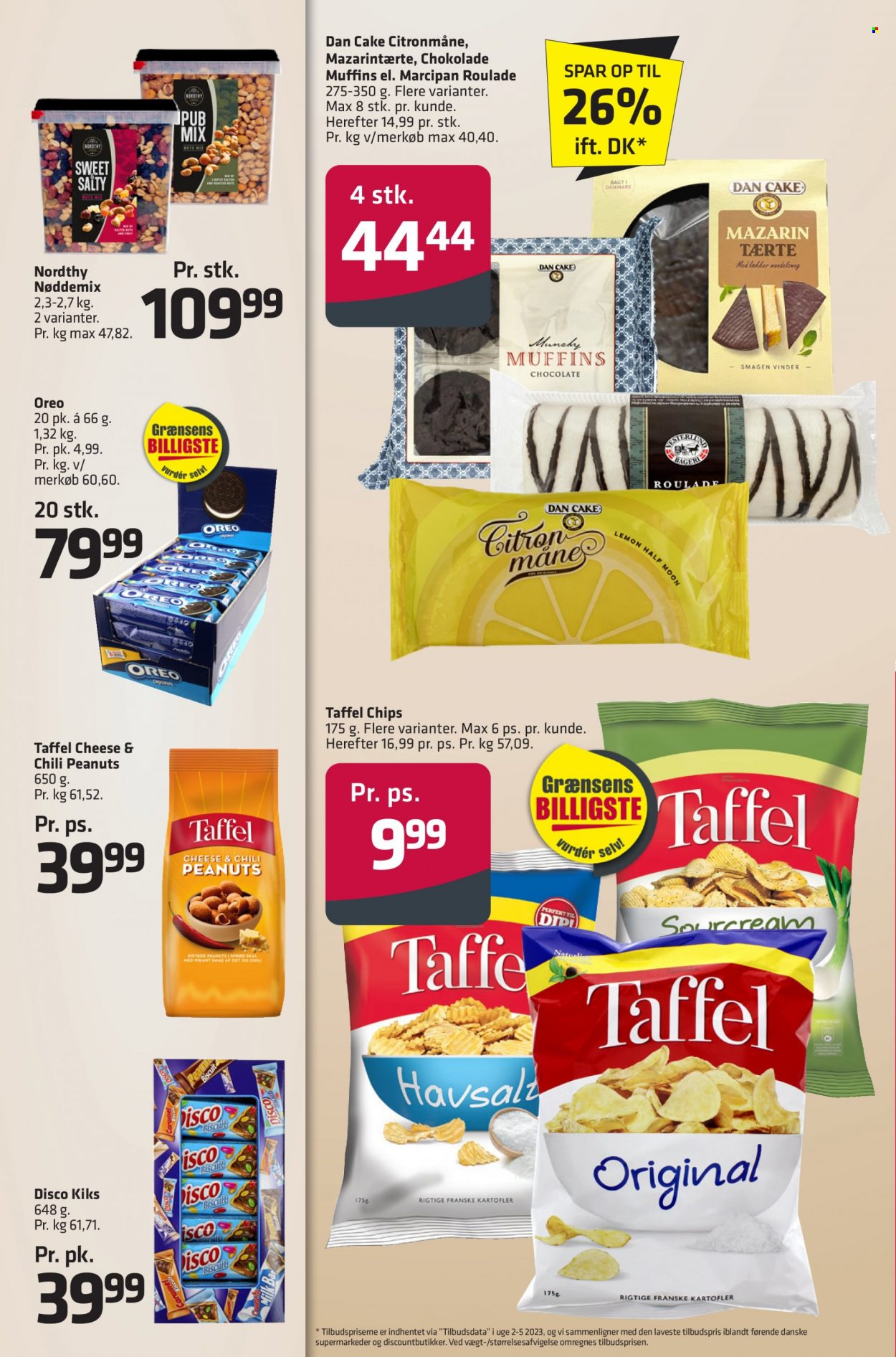 thumbnail - Fleggaard tilbud  - 29.3.2023 - 11.4.2023 - tilbudsprodukter - muffins, tærte, chokolade, kiks, marcipan, Oreo, chips, peanuts. Side 40.