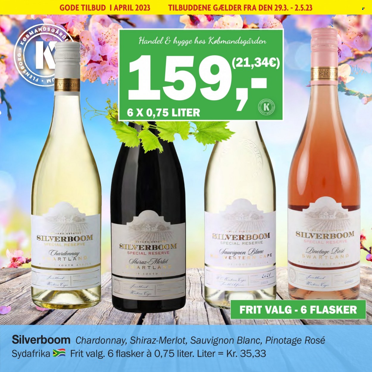 thumbnail - Købmandsgården tilbud  - 29.3.2023 - 2.5.2023 - tilbudsprodukter - Merlot, Shiraz, Chardonnay, Sauvignon Blanc, vin. Side 29.