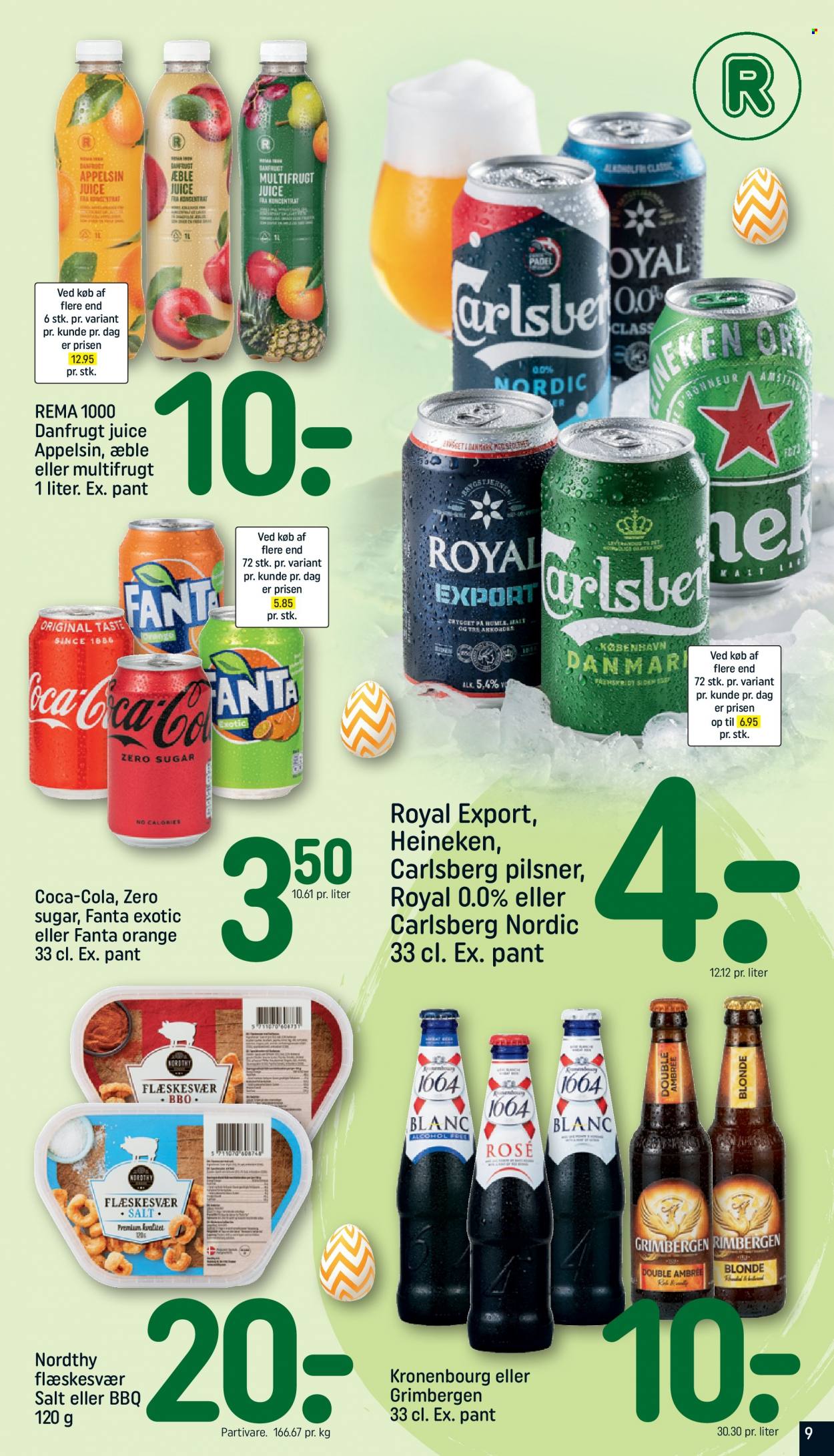thumbnail - Rema 1000 tilbud  - 2.4.2023 - 8.4.2023 - tilbudsprodukter - saft, Carlsberg, Heineken, øl, Royal Pilsner. Side 9.