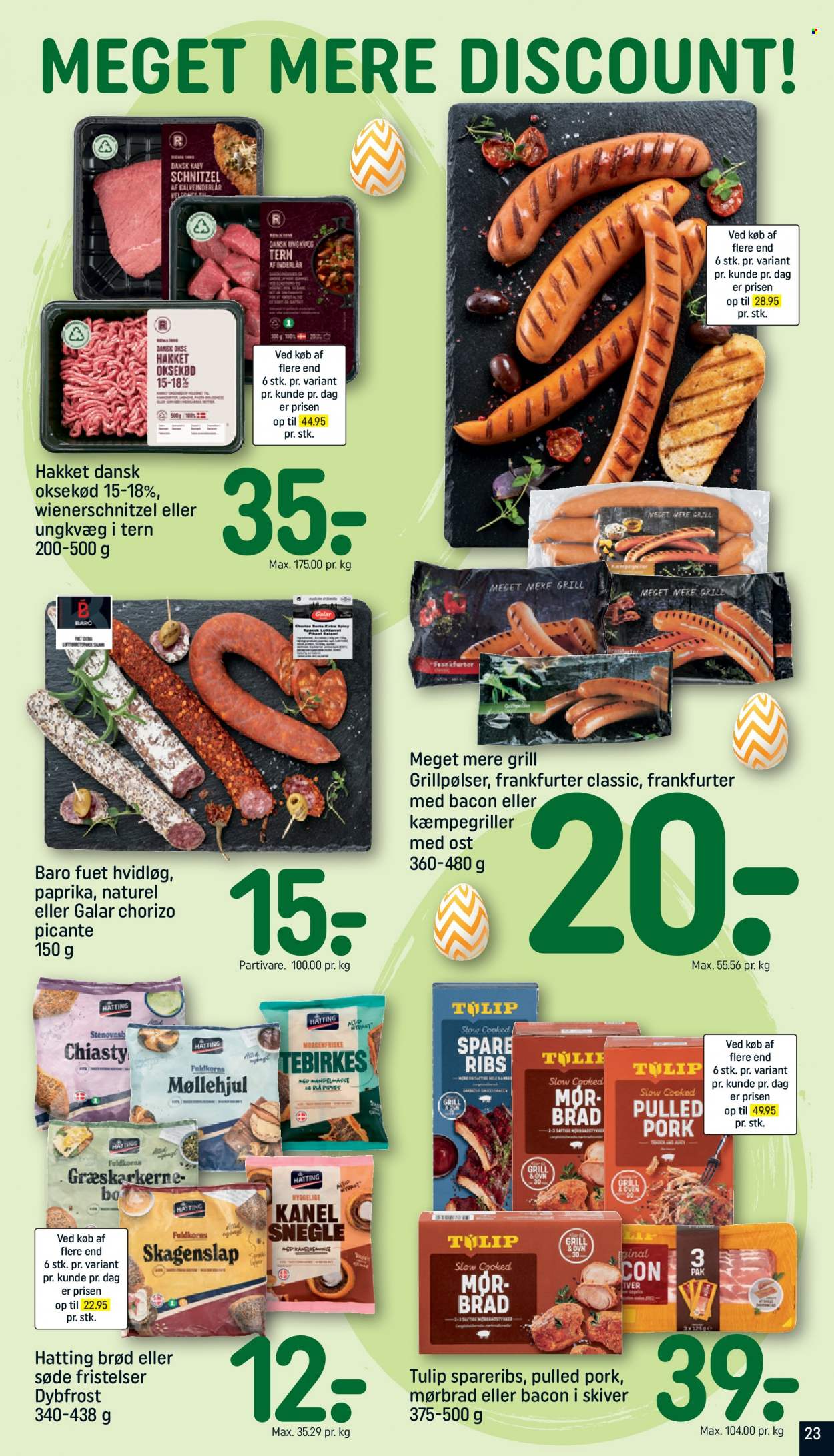 thumbnail - Rema 1000 tilbud  - 2.4.2023 - 8.4.2023 - tilbudsprodukter - hvidløg, mørbrad, spareribs, brød, pulled pork, chorizo, bacon, grillpølser, pølser. Side 23.