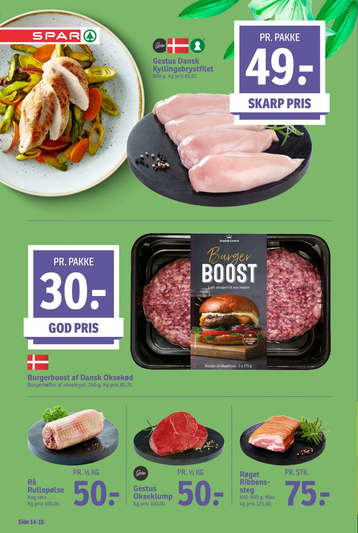 thumbnail - SPAR tilbud  - 1.4.2023 - 8.4.2023 - tilbudsprodukter - burgerbøffer, oksebryst, oksekød, kylling, kyllingebrystfilet, kyllingefilet. Side 14.