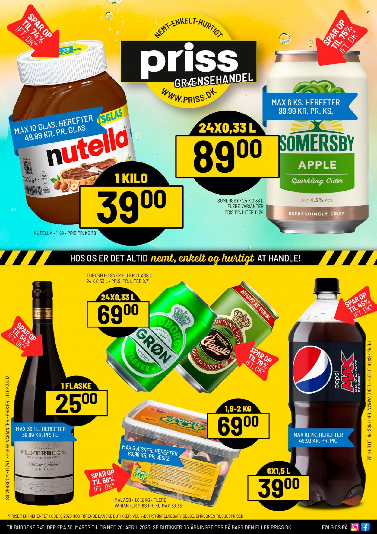 thumbnail - Priss tilbud  - 30.3.2023 - 26.4.2023 - tilbudsprodukter - Malaco, Nutella, vin, Pepsi, Pepsi Max, sodavand. Side 1.