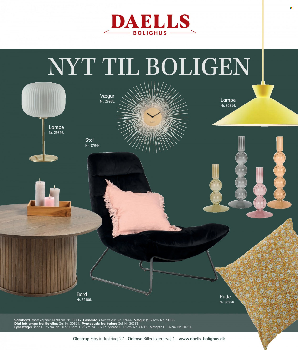 thumbnail - Daells Bolighus tilbud  - tilbudsprodukter - pude, stol, lænestol, sofabord, lysestage, lampe, loftlampe, Nordlux. Side 1.