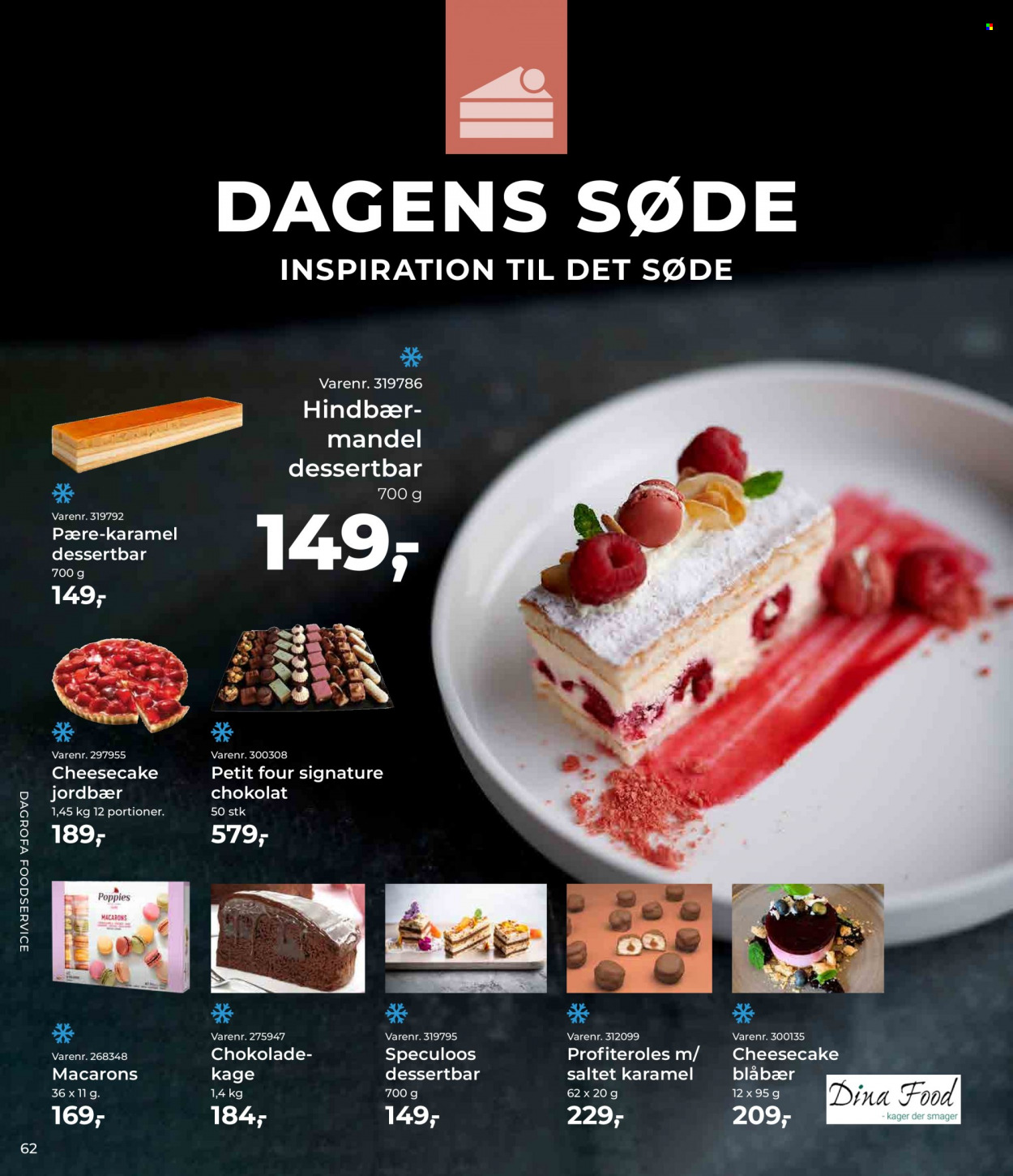thumbnail - Dagrofa tilbud  - 1.5.2023 - 31.5.2023 - tilbudsprodukter - blåbær, hindbær, jordbær, cheesecake, macarons, karamel, profiteroles. Side 62.