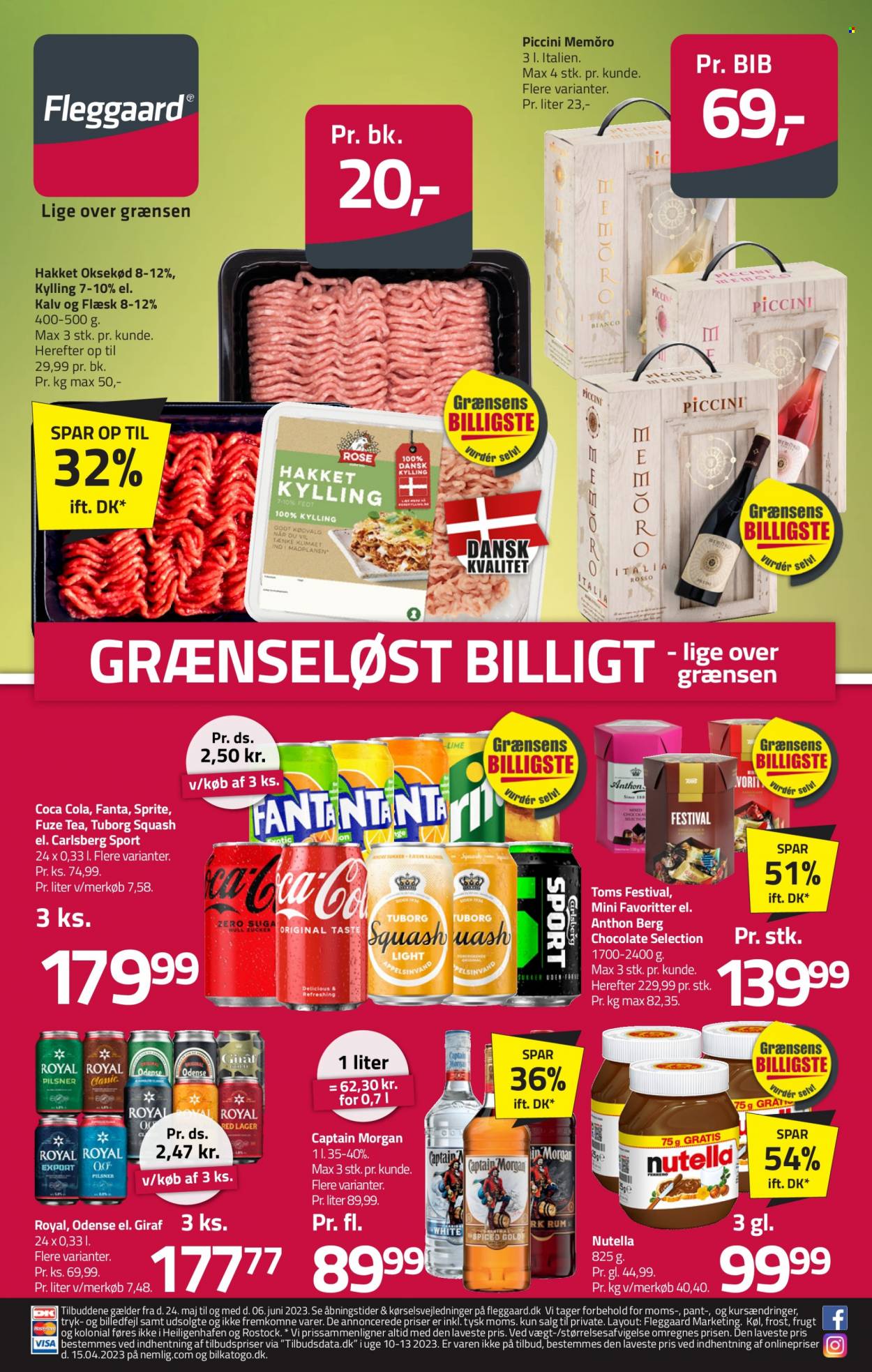 Fleggaard tilbud  - 24.5.2023 - 6.6.2023 - tilbudsprodukter - Anthon Berg, Toms, Nutella, Captain Morgan, vin, hakket kylling, hakket oksekød, kylling, oksekød. Side 1.