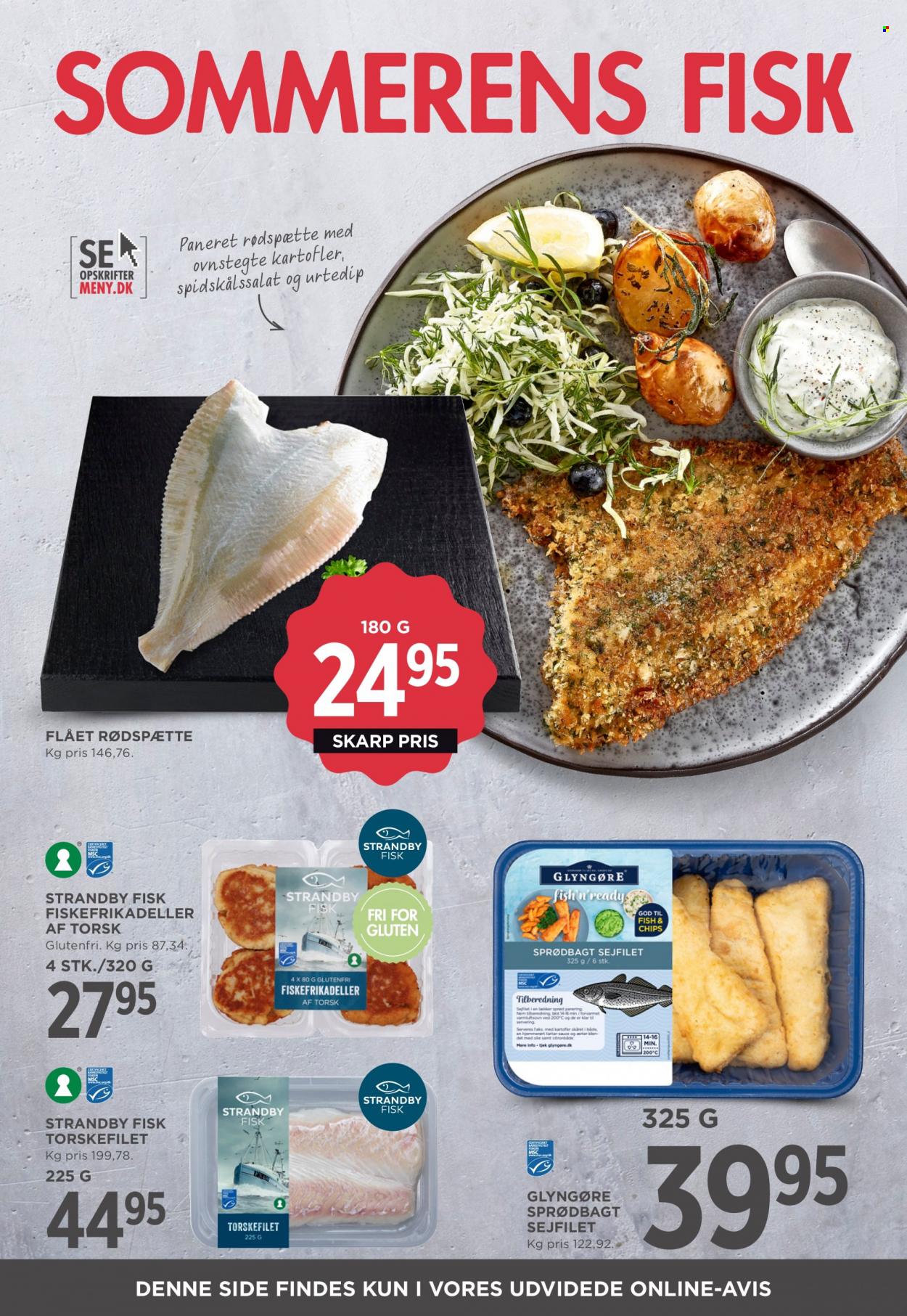 thumbnail - MENY tilbud  - 26.5.2023 - 1.6.2023 - tilbudsprodukter - ærter, fish, rødspætte, torsk, torskefilet, fiskefrikadeller, sejfilet, chips, sauce, olie. Side 16.