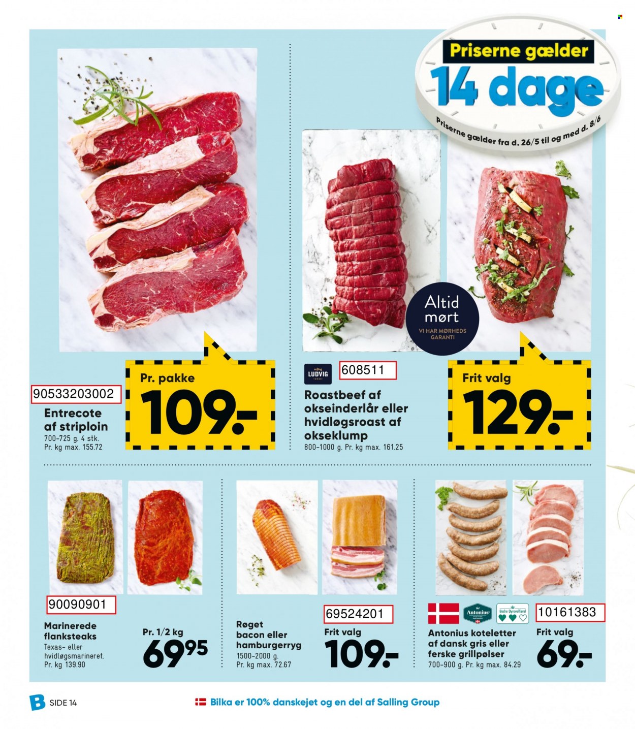 thumbnail - Bilka tilbud  - 26.5.2023 - 8.6.2023 - tilbudsprodukter - hamburgerryg, bacon, dansk gris, grillpølser, koteletter, pølser. Side 14.
