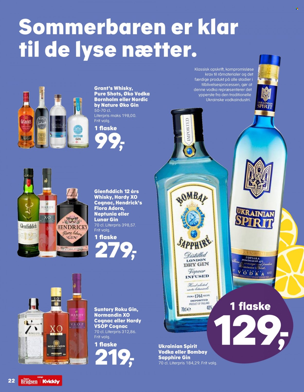 thumbnail - SuperBrugsen tilbud  - 26.5.2023 - 8.6.2023 - tilbudsprodukter - Flora, cognac, gin, Grant‘s, vodka, whisky. Side 24.