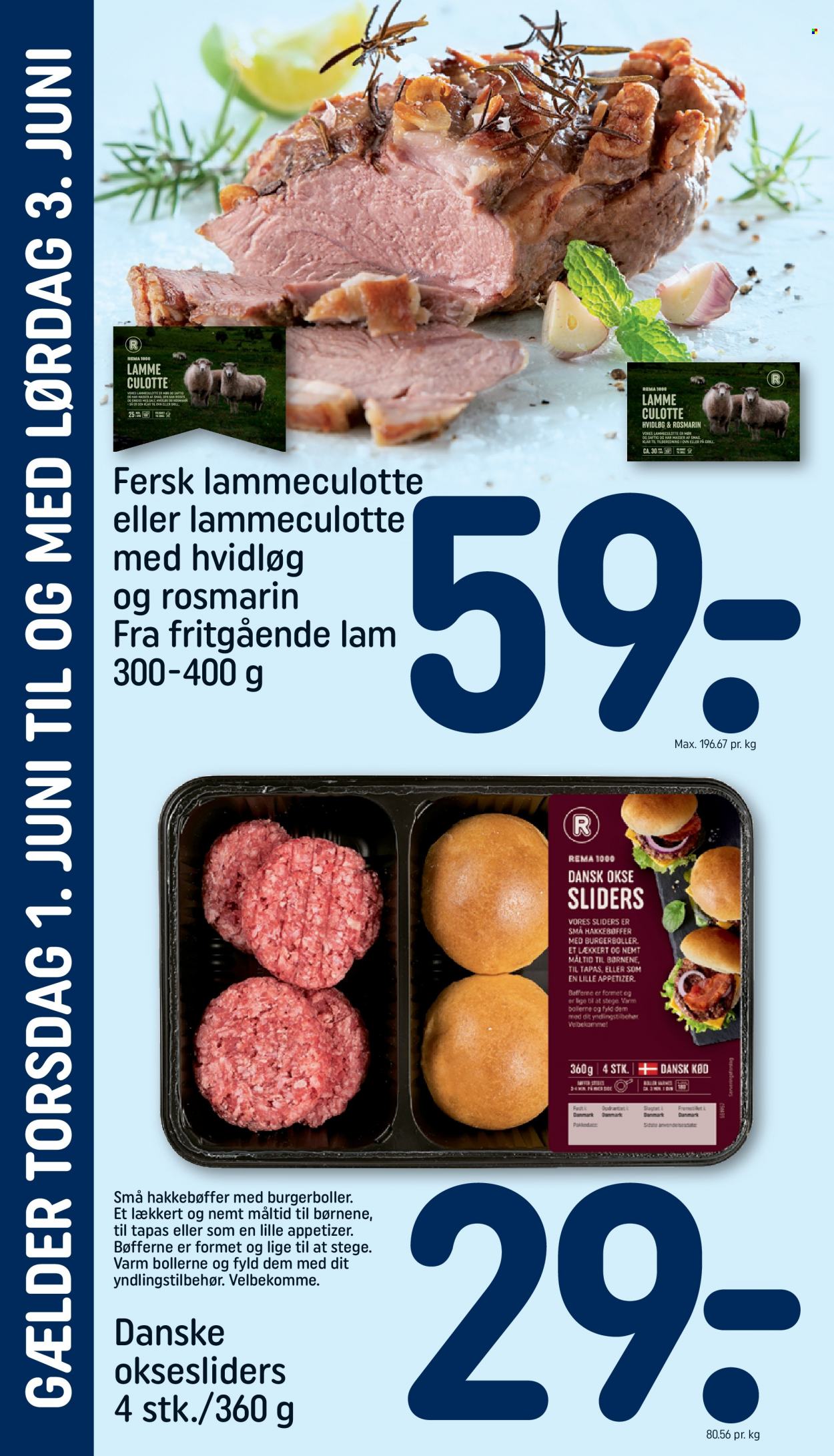 thumbnail - Rema 1000 tilbud  - 30.5.2023 - 3.6.2023 - tilbudsprodukter - hakket oksekød, oksekød, burgerboller, lammeculotte, rosmarin. Side 26.