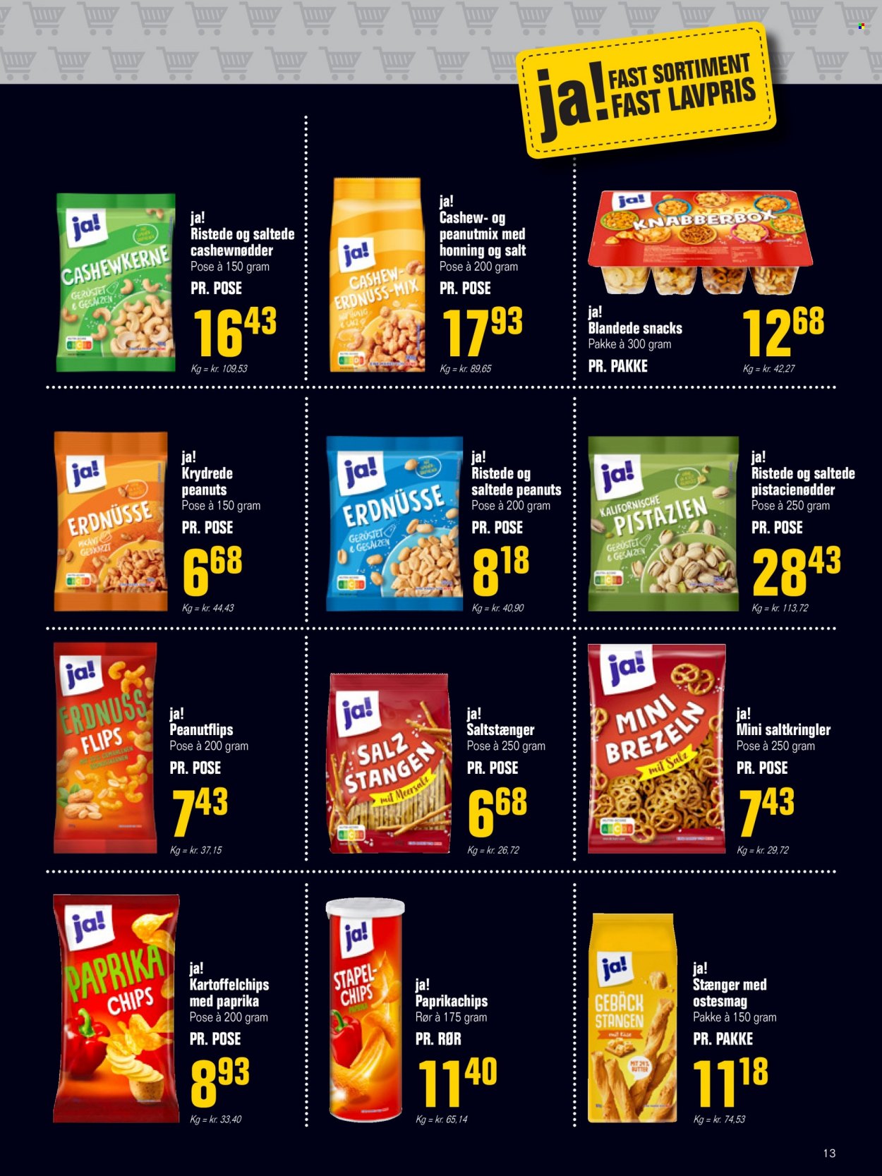 thumbnail - Otto Duborg tilbud  - 31.5.2023 - 20.6.2023 - tilbudsprodukter - chips, honning, cashewnødder, nødder, peanuts, pistacienødder. Side 13.