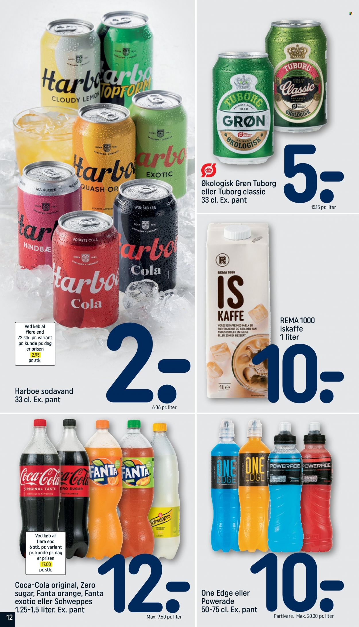 thumbnail - Rema 1000 tilbud  - 4.6.2023 - 10.6.2023 - tilbudsprodukter - sukker, kaffe, Coca-Cola, Fanta, Schweppes, sodavand. Side 12.