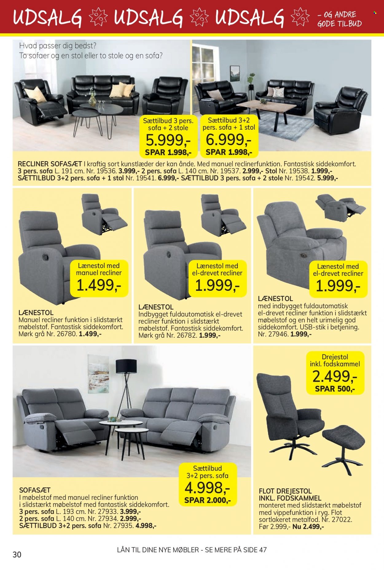 thumbnail - Daells Bolighus tilbud  - 1.6.2023 - 14.6.2023 - tilbudsprodukter - drejestol, stol, fodskammel, lænestol, recliner sofasæt, sofa, sofasæt. Side 30.