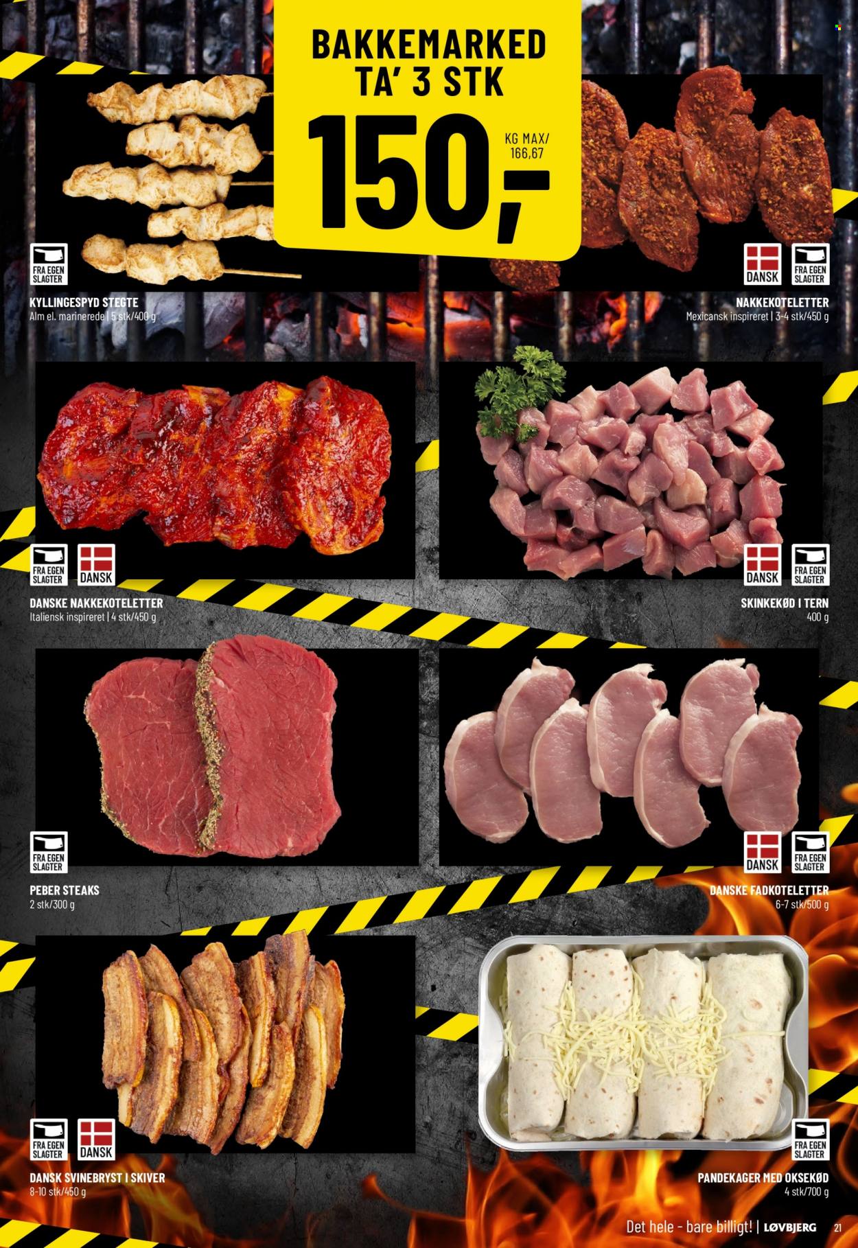 thumbnail - Løvbjerg tilbud  - 2.6.2023 - 8.6.2023 - tilbudsprodukter - koteletter, fadkoteletter, nakkekoteletter, skinkekød i tern, svinebryst, grisekød, skinkekød, kyllingespyd. Side 21.