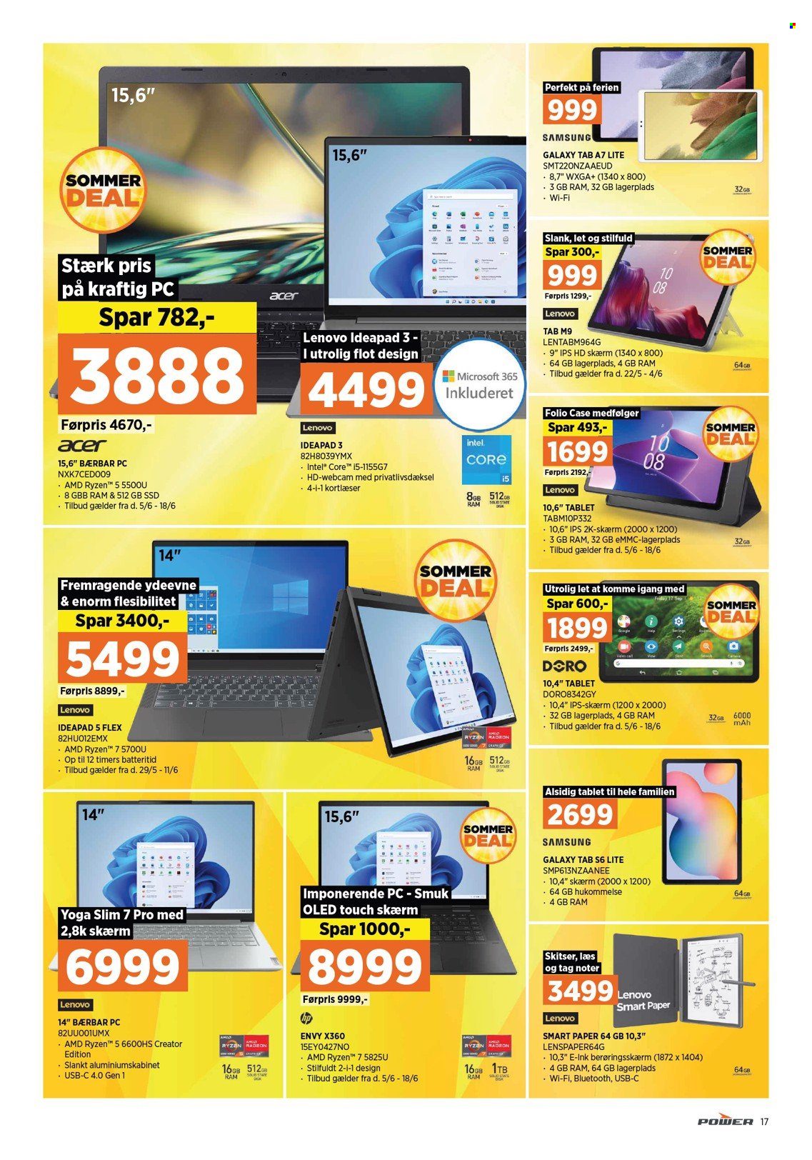 thumbnail - Power tilbud  - 5.6.2023 - 11.6.2023 - tilbudsprodukter - Samsung, Lenovo, Samsung Galaxy, USB-C, Acer, bærbar computer, HP, IdeaPad, tablet, webkamera. Side 17.