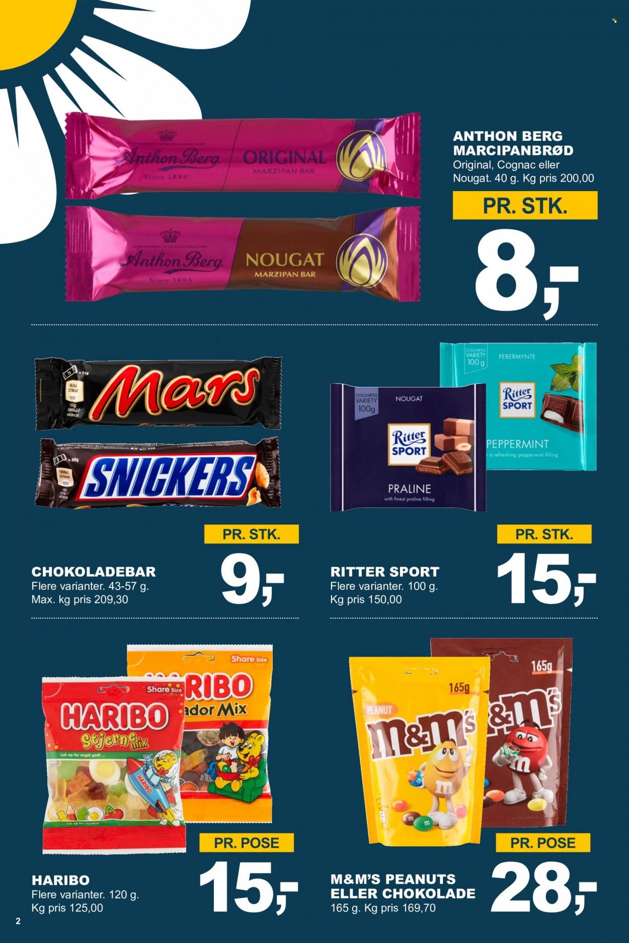 thumbnail - Let-Køb tilbud  - 5.6.2023 - 18.6.2023 - tilbudsprodukter - Anthon Berg, chokolade, M&M's, ritter sport, Snickers, Haribo, chokoladebar, marcipanbrød, Mars, peanuts. Side 2.