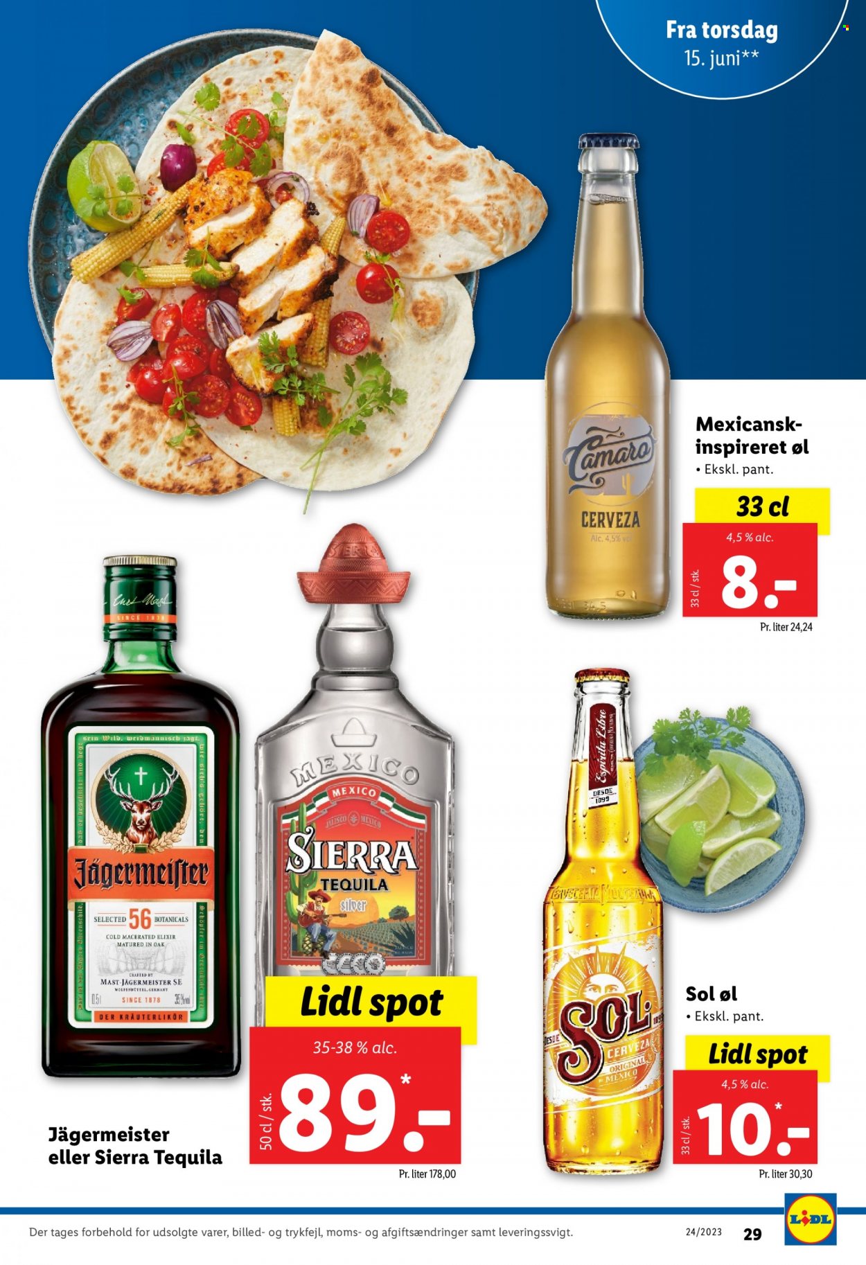 thumbnail - Lidl tilbud  - 11.6.2023 - 17.6.2023 - tilbudsprodukter - Jägermeister, tequila, øl. Side 29.