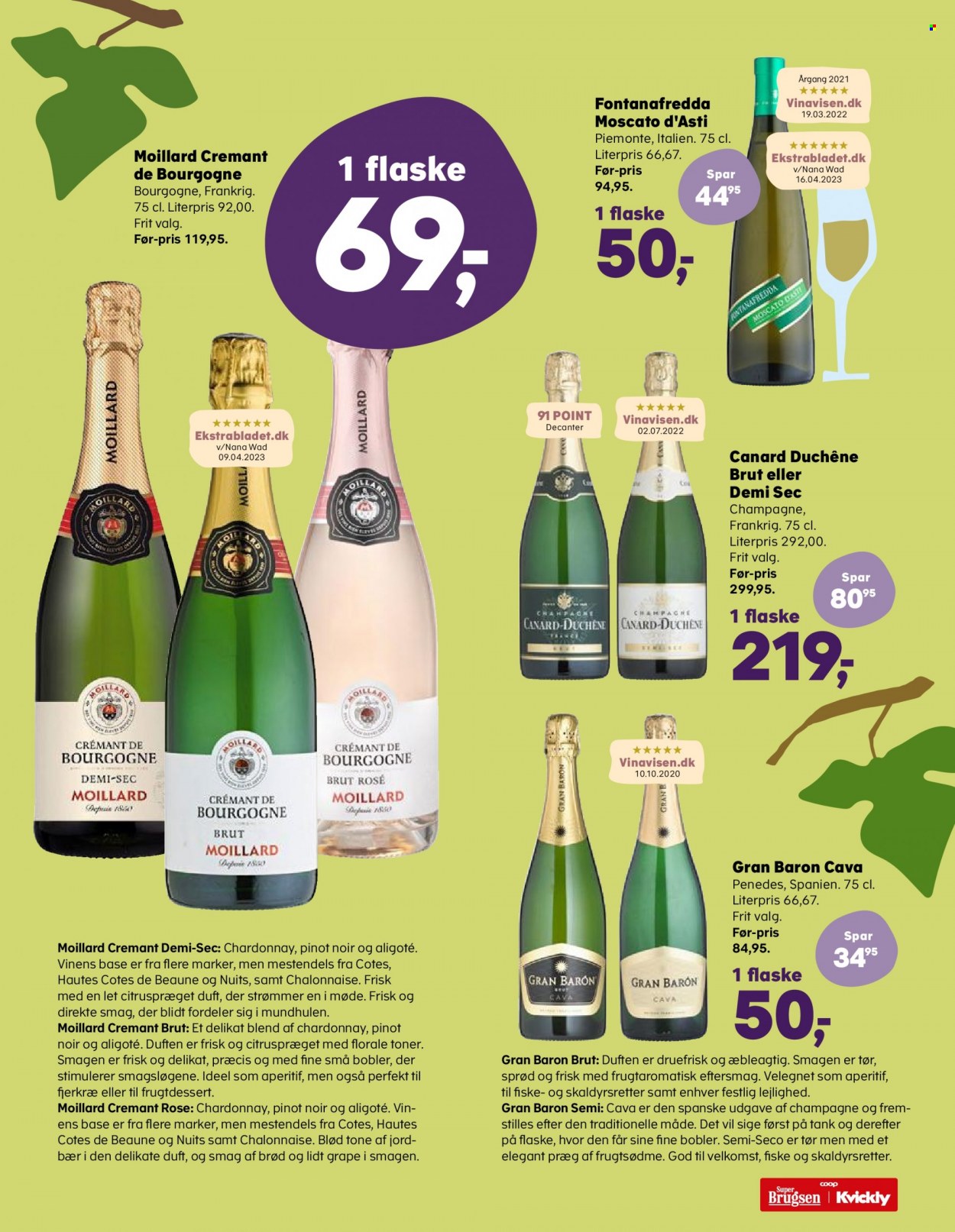 thumbnail - Kvickly tilbud  - 9.6.2023 - 22.6.2023 - tilbudsprodukter - brød, Chardonnay, Moscato d’Asti, Pinot Noir, toner, champagne, vin. Side 18.