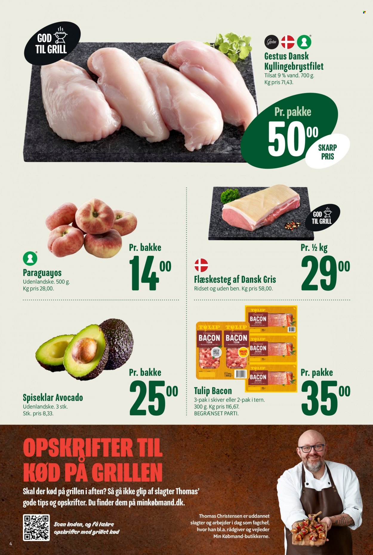 thumbnail - Min Købmand tilbud  - 10.6.2023 - 16.6.2023 - tilbudsprodukter - avocado, bacon, dansk gris, flæskesteg, grisekød. Side 4.