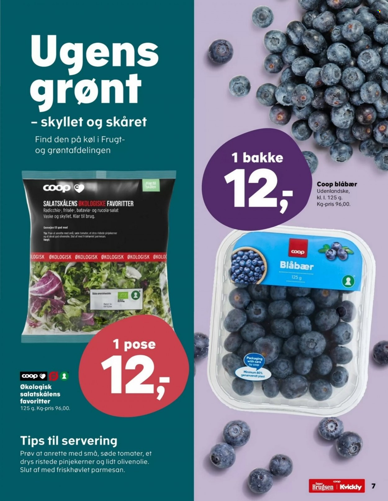 thumbnail - SuperBrugsen tilbud  - 9.6.2023 - 22.6.2023 - tilbudsprodukter - blåbær, frisée, radicchio, rucola, tomat, salat, parmesan, pinjekerner. Side 8.