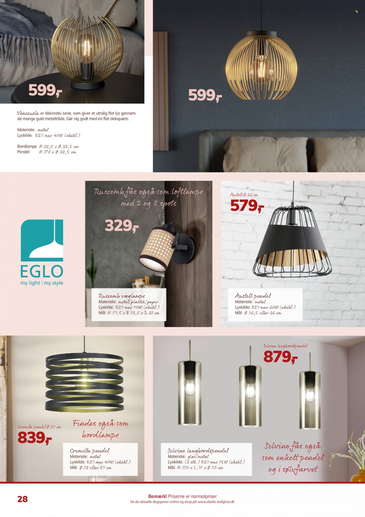 thumbnail - Daells Bolighus tilbud  - tilbudsprodukter - pendel, bordlampe, loftlampe. Side 28.