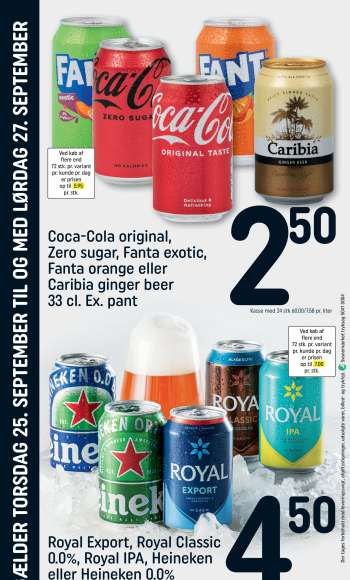 thumbnail - Coca-Cola original, Zero sugar, Fanta exotic, Fanta orange eller Caribia ginger beer