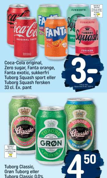 thumbnail - Coca-Cola original, Zero sugar, Fanta orange, Fanta exotic, sukkerfri Tuborg Squash sport eller Tuborg Squash fersken 33 cl.
