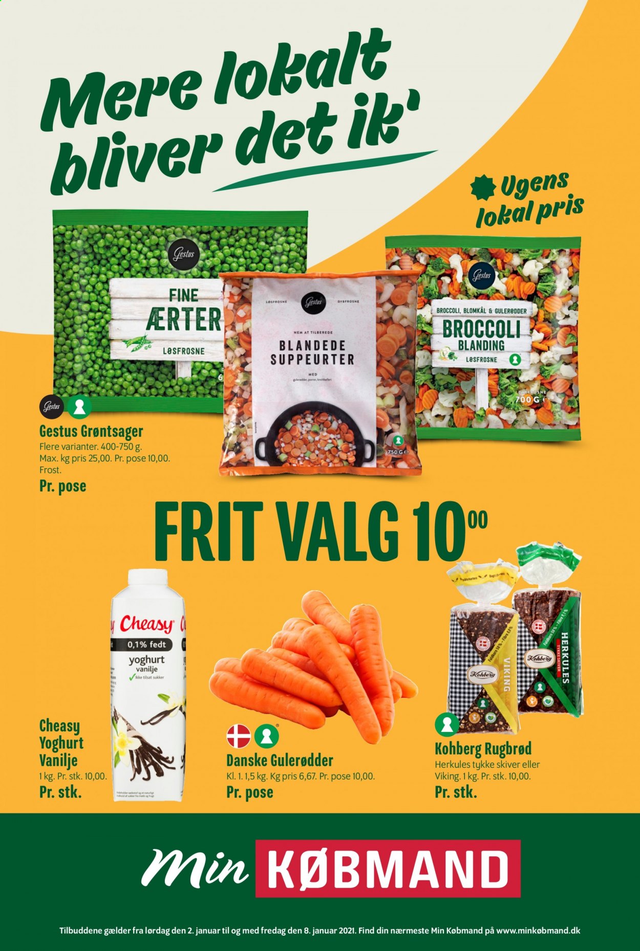 thumbnail - Min Købmand tilbud  - 2.1.2021 - 8.1.2021 - tilbudsprodukter - ærter, blomkål, broccoli, gulerod, rugbrød, yoghurt, sukker, vanilje. Side 1.