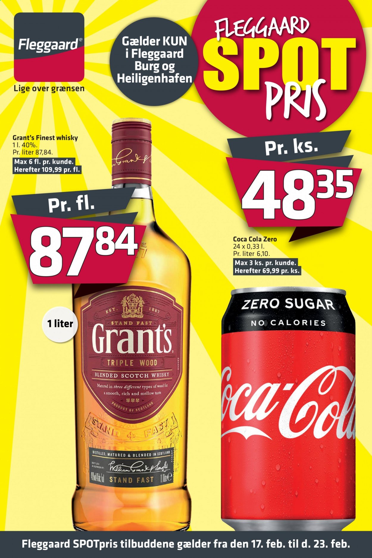 thumbnail - Fleggaard tilbud  - 17.2.2021 - 23.2.2021 - tilbudsprodukter - Coca-Cola, Grant‘s, scotch whisky, whisky. Side 1.