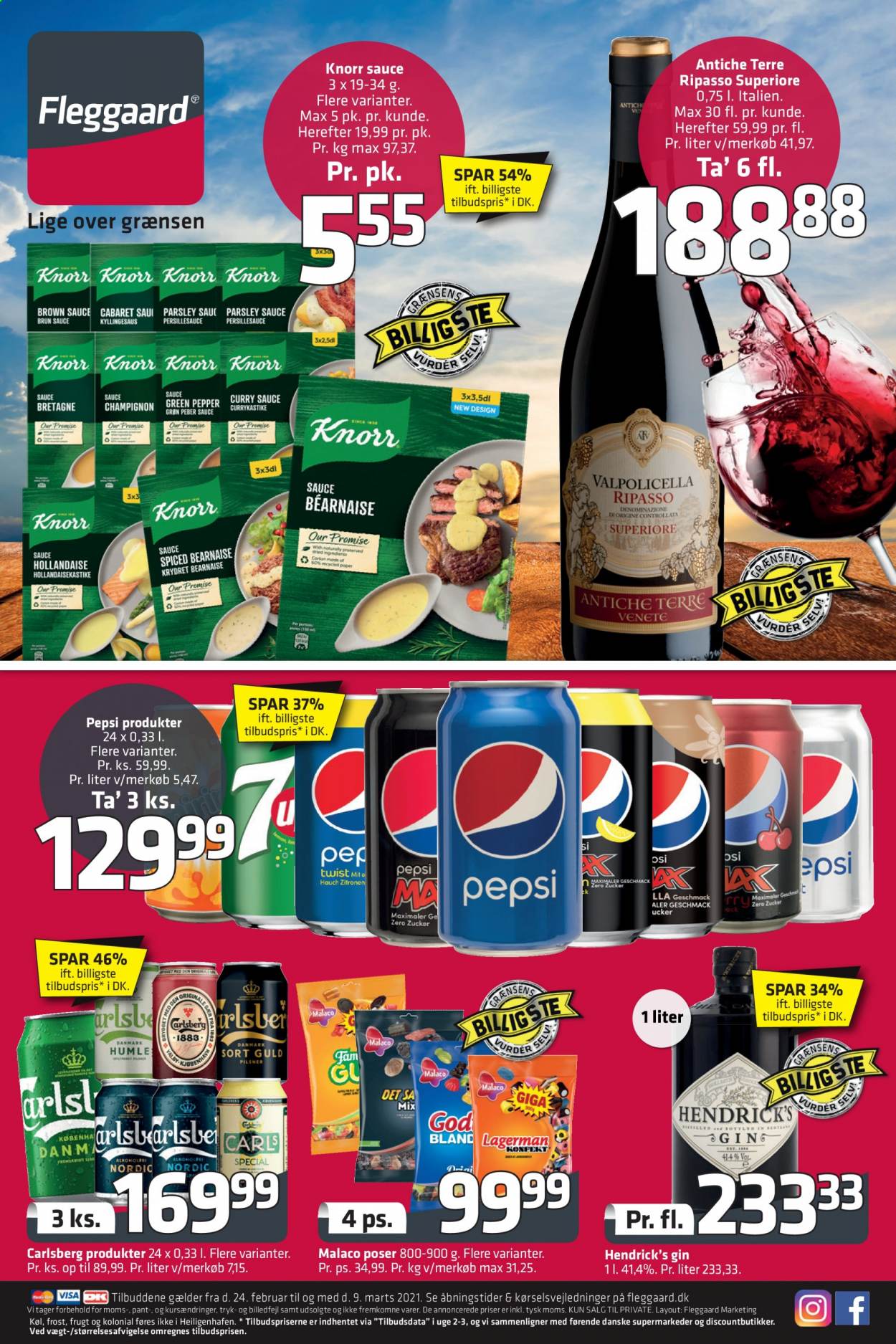 thumbnail - Fleggaard tilbud  - 24.2.2021 - 9.3.2021 - tilbudsprodukter - Carlsberg, Knorr, Pepsi, gin. Side 1.