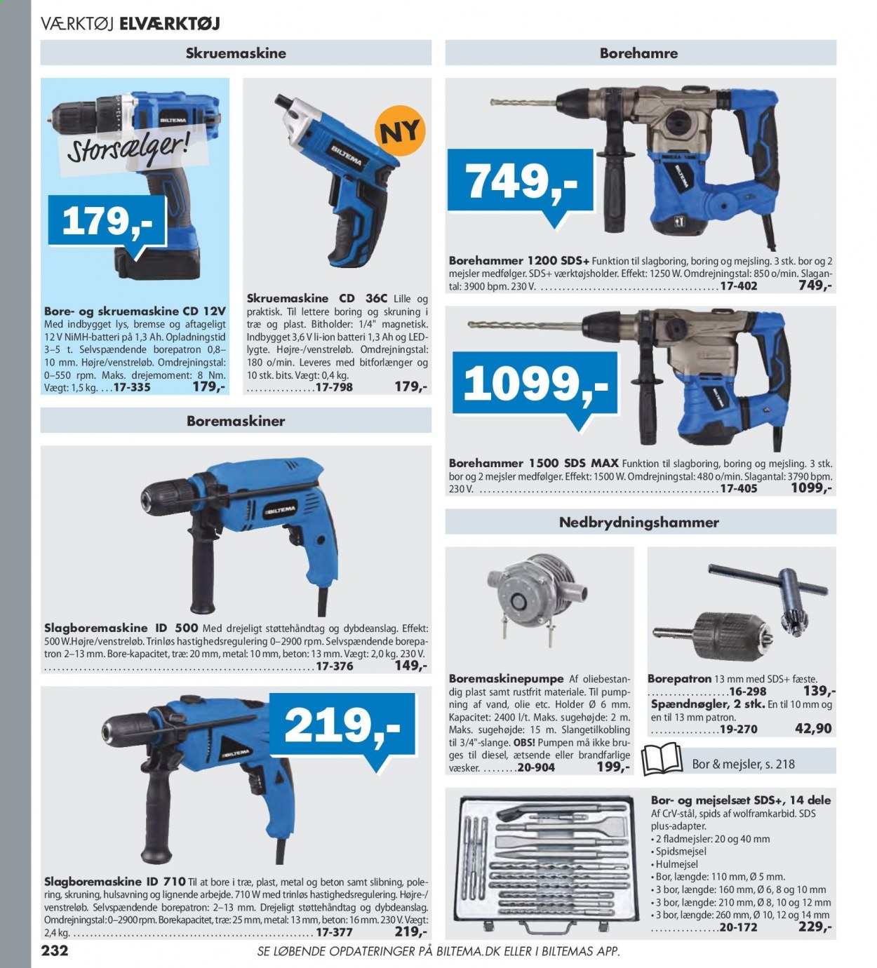 thumbnail - Biltema tilbud  - tilbudsprodukter - borehammer, skruemaskine. Side 232.