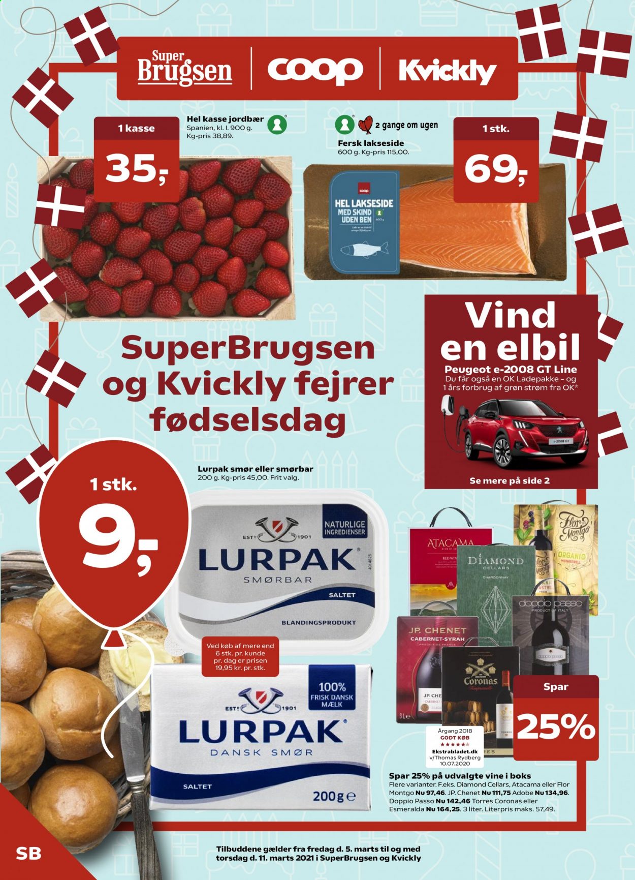 thumbnail - SuperBrugsen tilbud  - 5.3.2021 - 11.3.2021 - tilbudsprodukter - jordbær, laksefilet, mælk, smør, Lurpak, smørbar. Side 1.