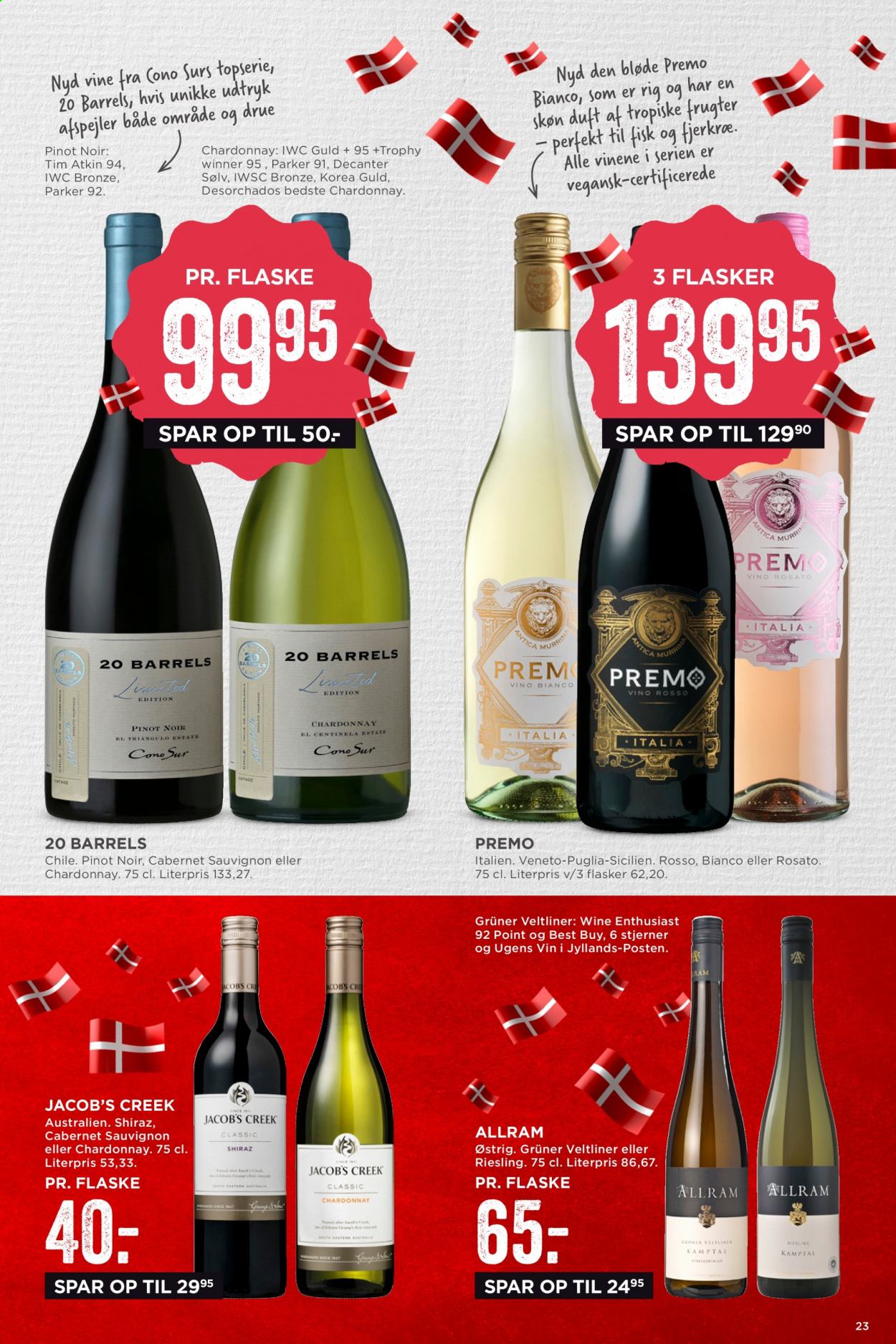 thumbnail - MENY tilbud  - 5.3.2021 - 11.3.2021 - tilbudsprodukter - Cabernet Sauvignon, Chardonnay, Pinot Noir, Riesling, vin. Side 23.