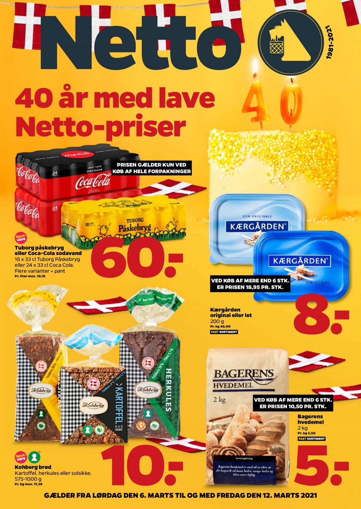 thumbnail - Netto tilbud  - 6.3.2021 - 12.3.2021 - tilbudsprodukter - Tuborg, Kærgården, hvedemel, Coca-Cola, sodavand. Side 1.