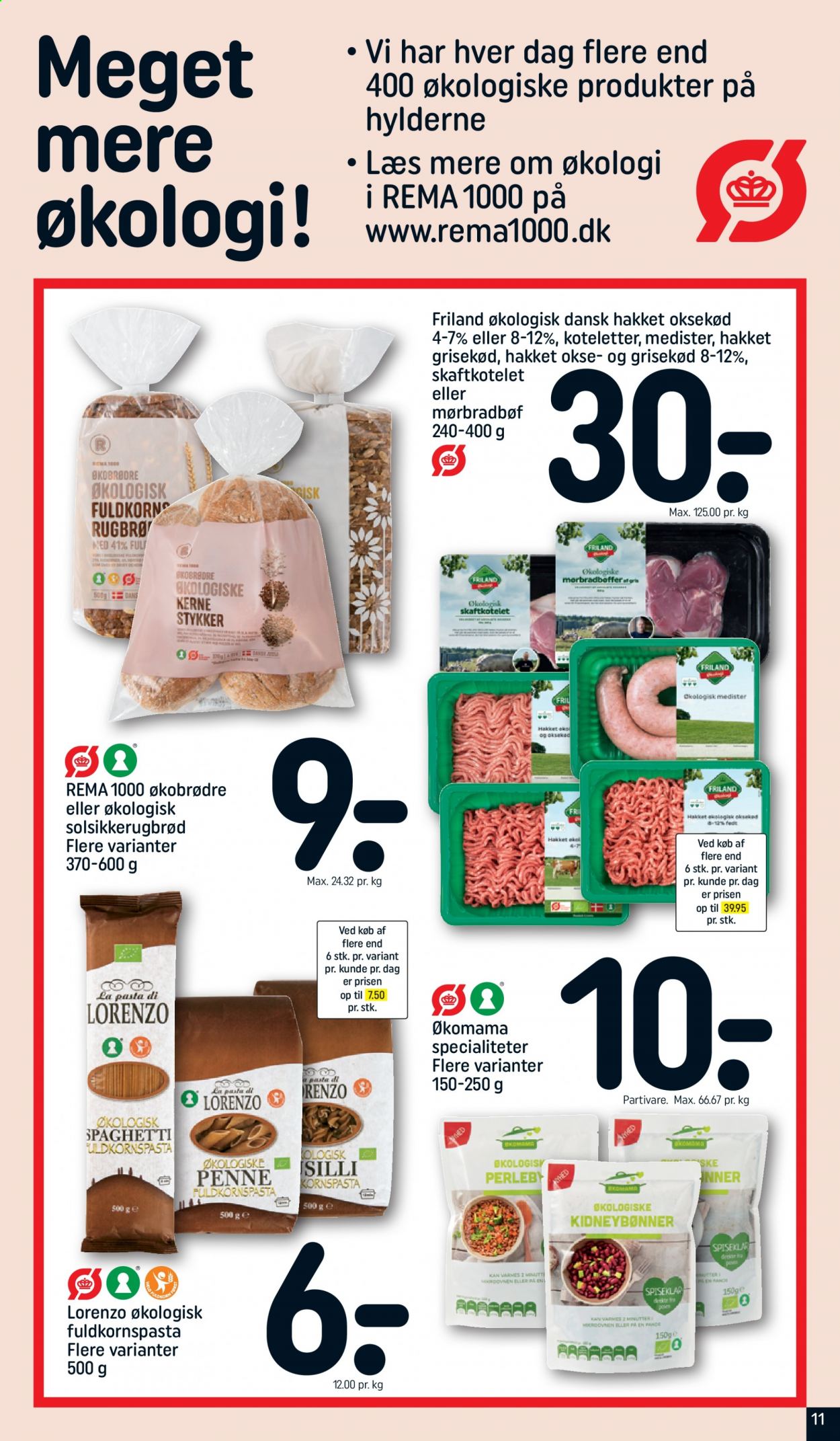 thumbnail - Rema 1000 tilbud  - 7.3.2021 - 13.3.2021 - tilbudsprodukter - hakket oksekød, hakket grisekød, medister, kidneybønner, pasta, spaghetti. Side 11.
