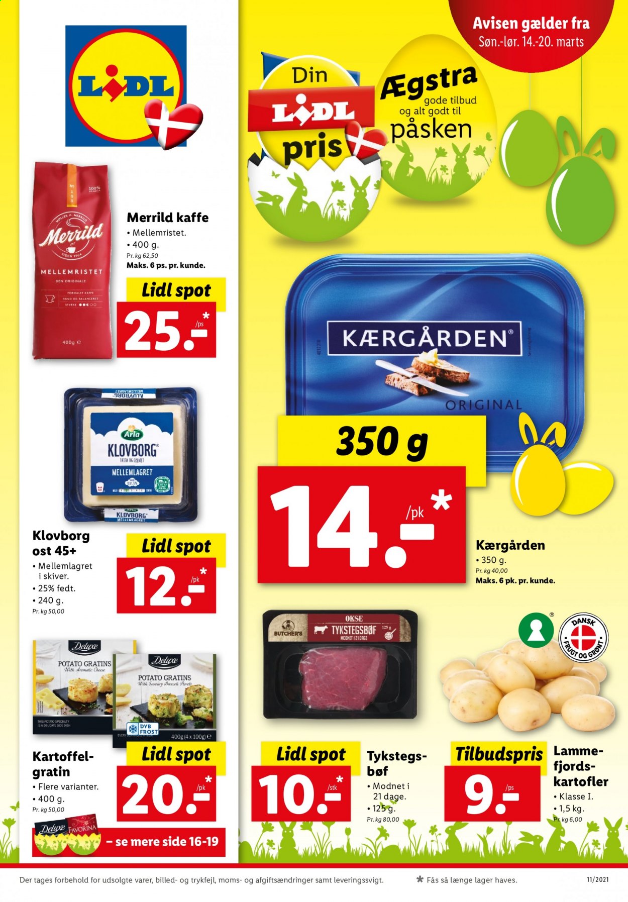 thumbnail - Lidl tilbud  - 14.3.2021 - 20.3.2021 - tilbudsprodukter - kartofler, tykstegsbøf, Arla, klovborg, Kærgården, kaffe. Side 1.
