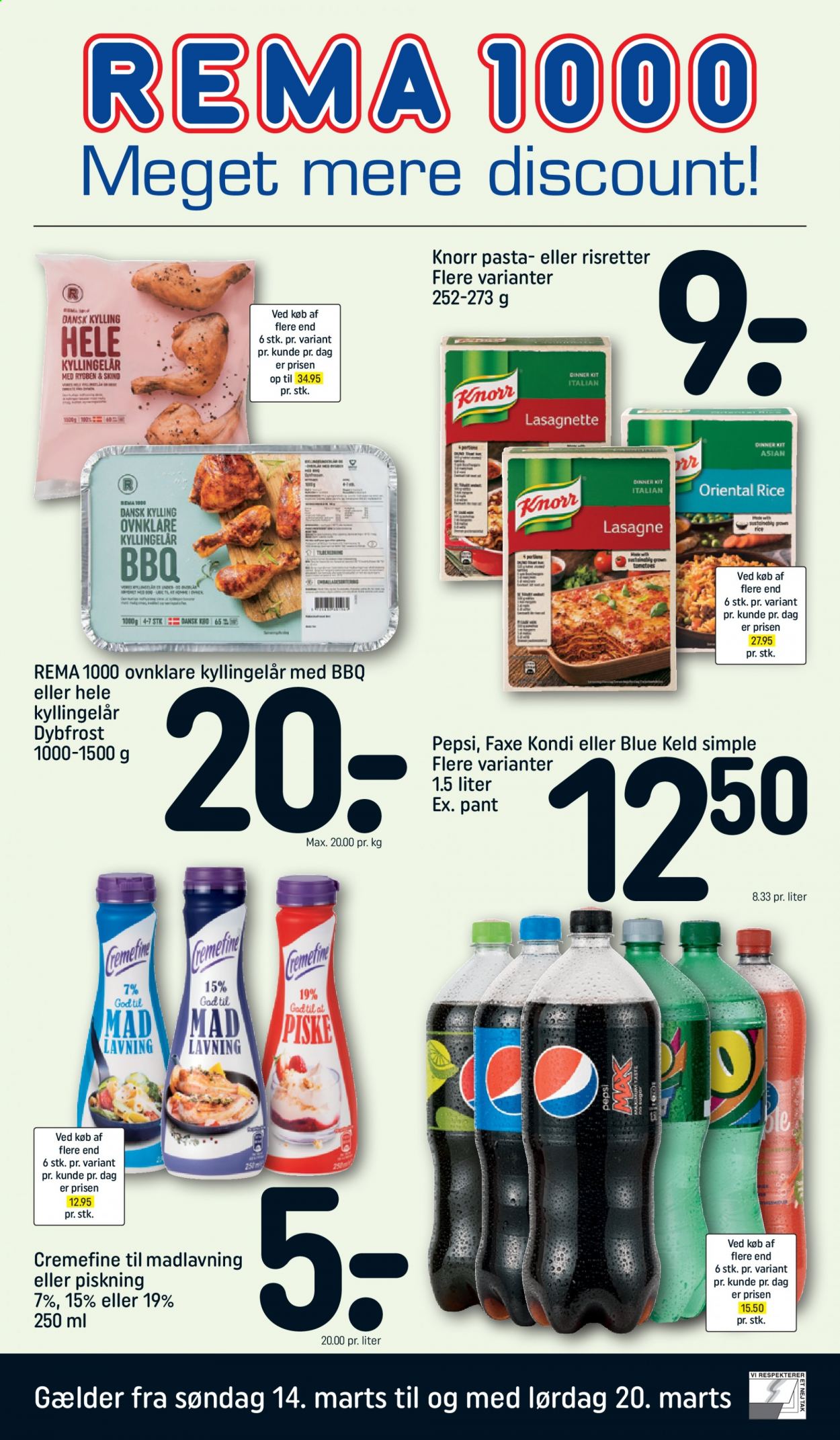 thumbnail - Rema 1000 tilbud  - 14.3.2021 - 20.3.2021 - tilbudsprodukter - kylling, kyllingelår, Knorr, lasagne, pasta, Pepsi. Side 1.